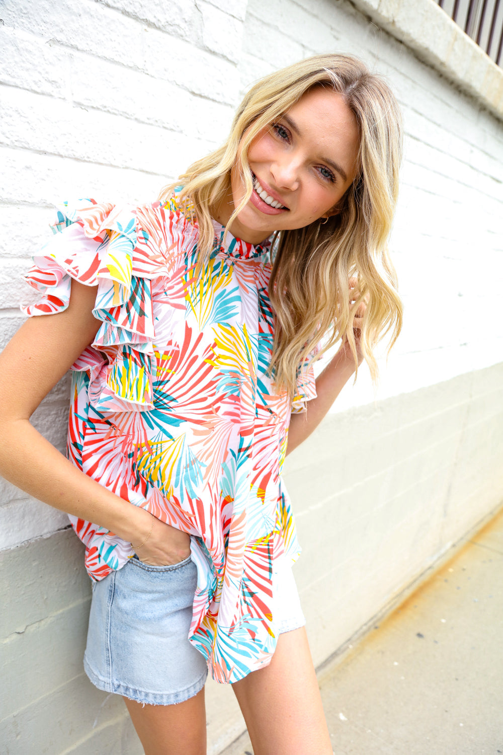Eyes On You Ivory Abstract Print Frill Neck Double Flutter Sleeve Top - Charming Charlie