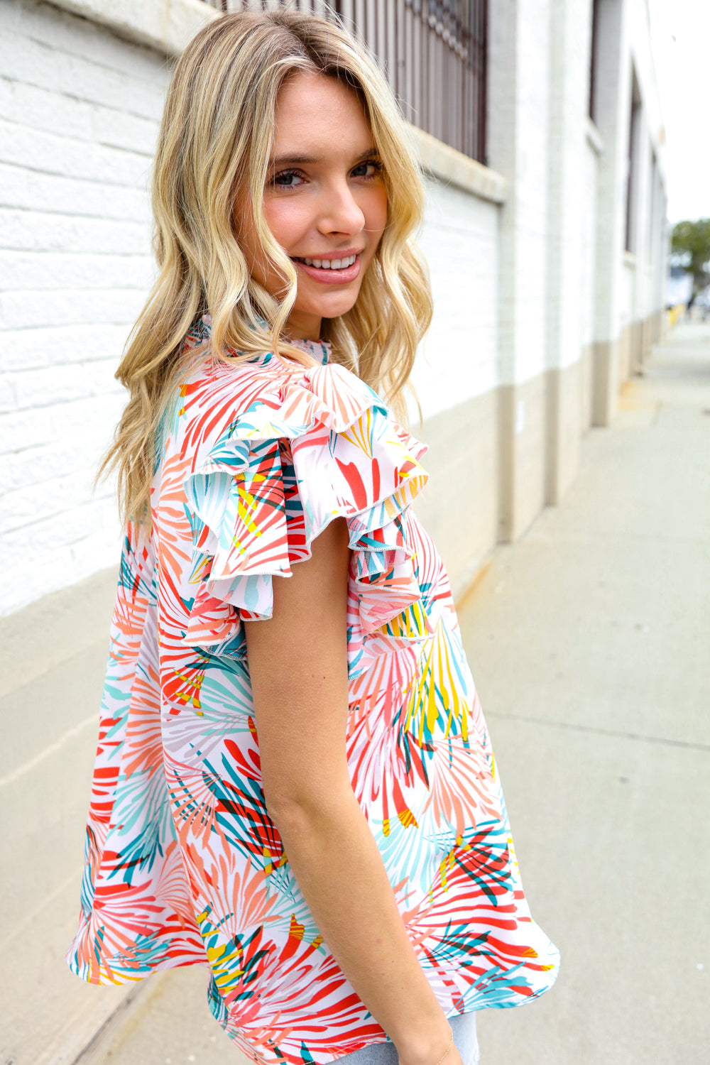 Eyes On You Ivory Abstract Print Frill Neck Double Flutter Sleeve Top - Charming Charlie
