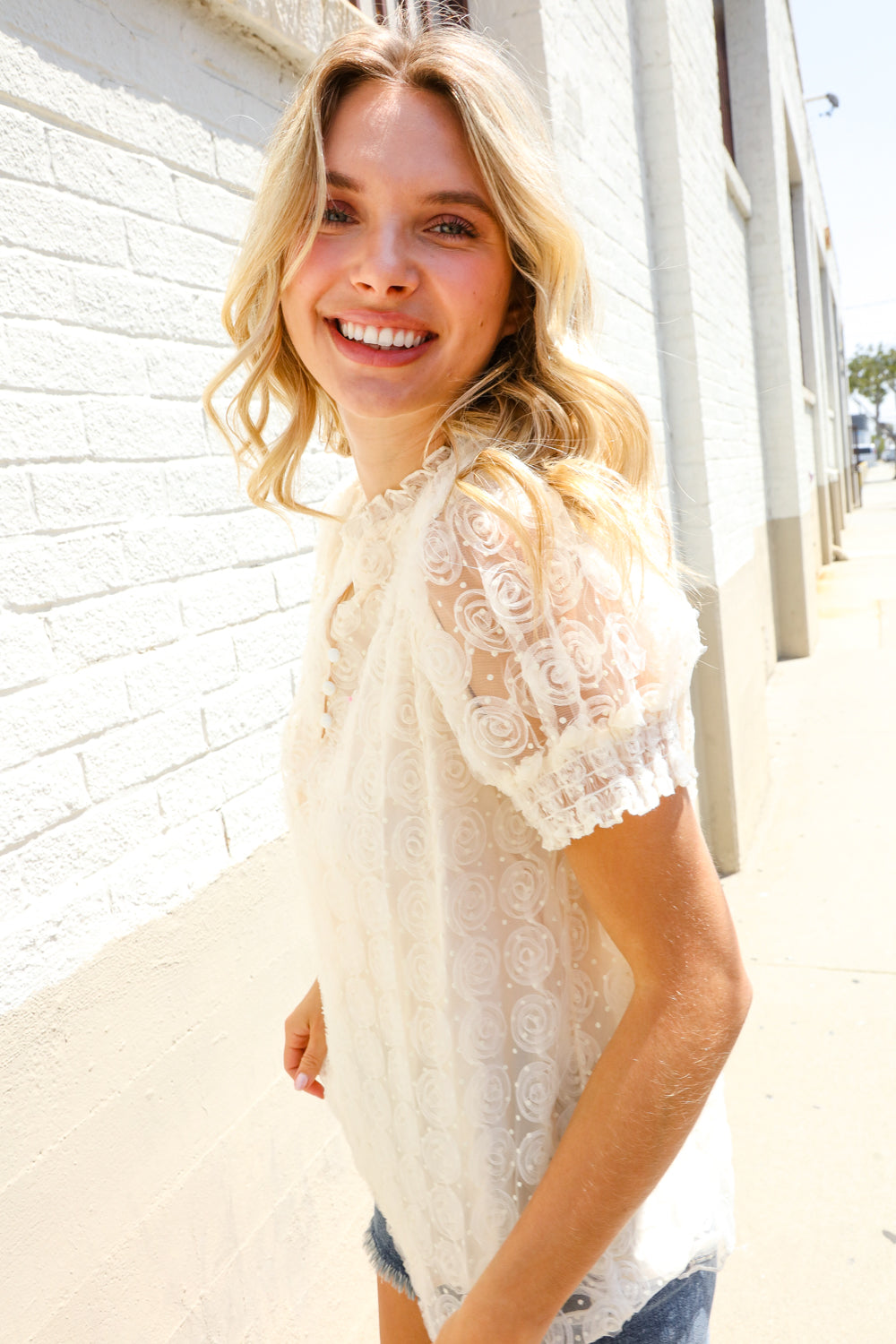 Classy Chic Ivory Swiss Dot Chiffon Button Yoke Lined Blouse - Charming Charlie