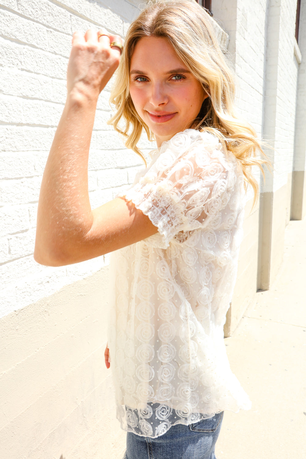 Classy Chic Ivory Swiss Dot Chiffon Button Yoke Lined Blouse - Charming Charlie