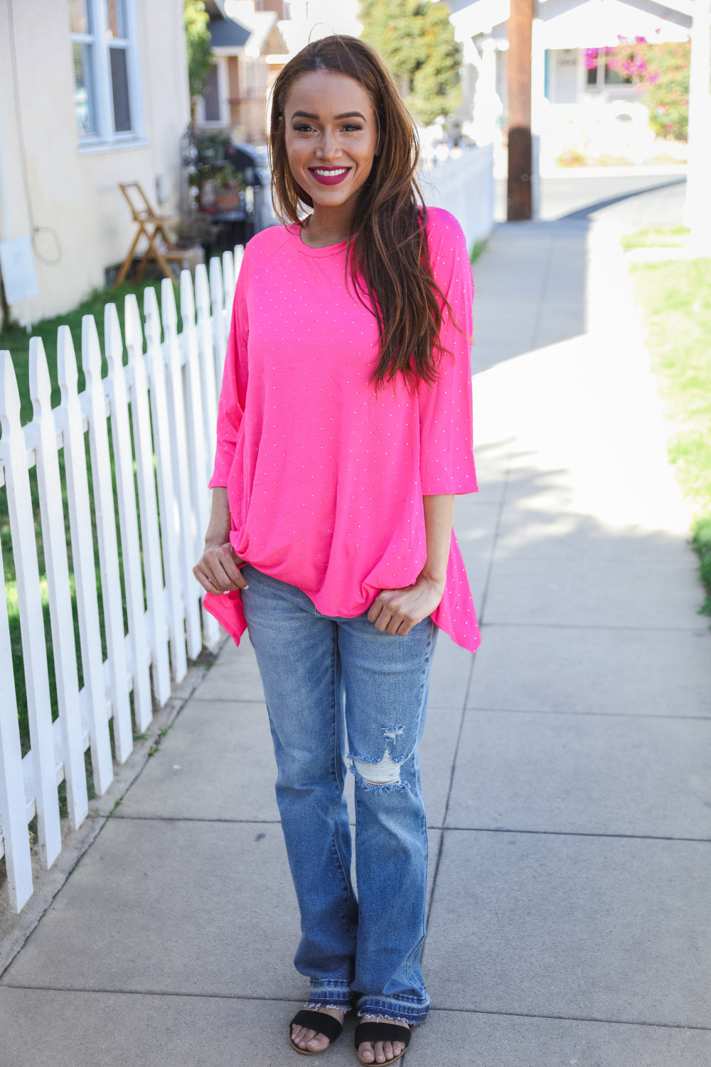 Be Bold Hot Pink Glitter Stud Scarf Hem Top - Charming Charlie