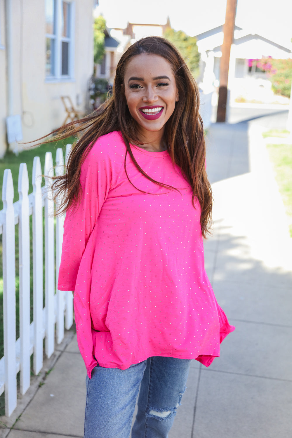 Be Bold Hot Pink Glitter Stud Scarf Hem Top - Charming Charlie