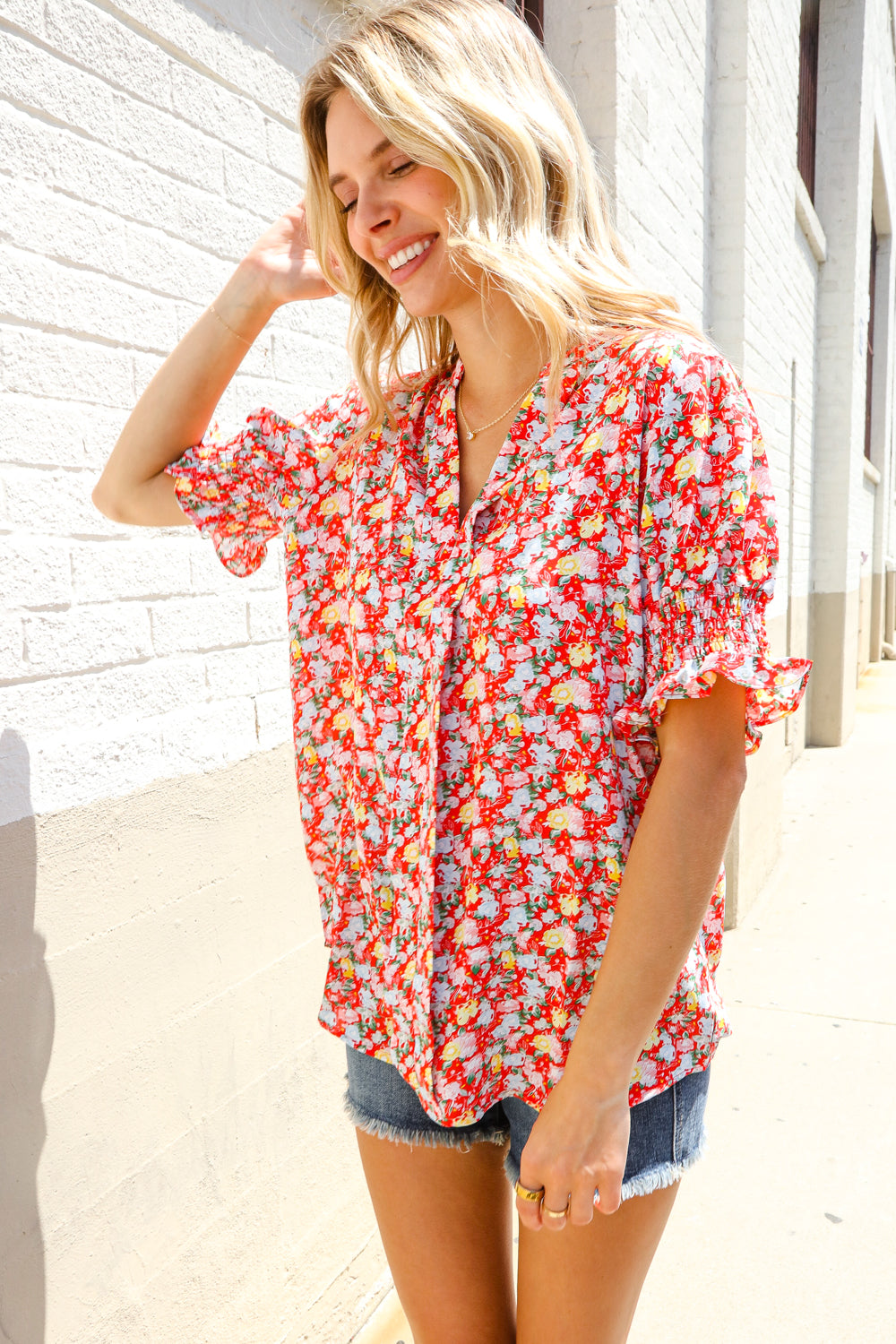 Elegant You Ruby Notched Neck Floral Smocked Sleeve Blouse - Charming Charlie