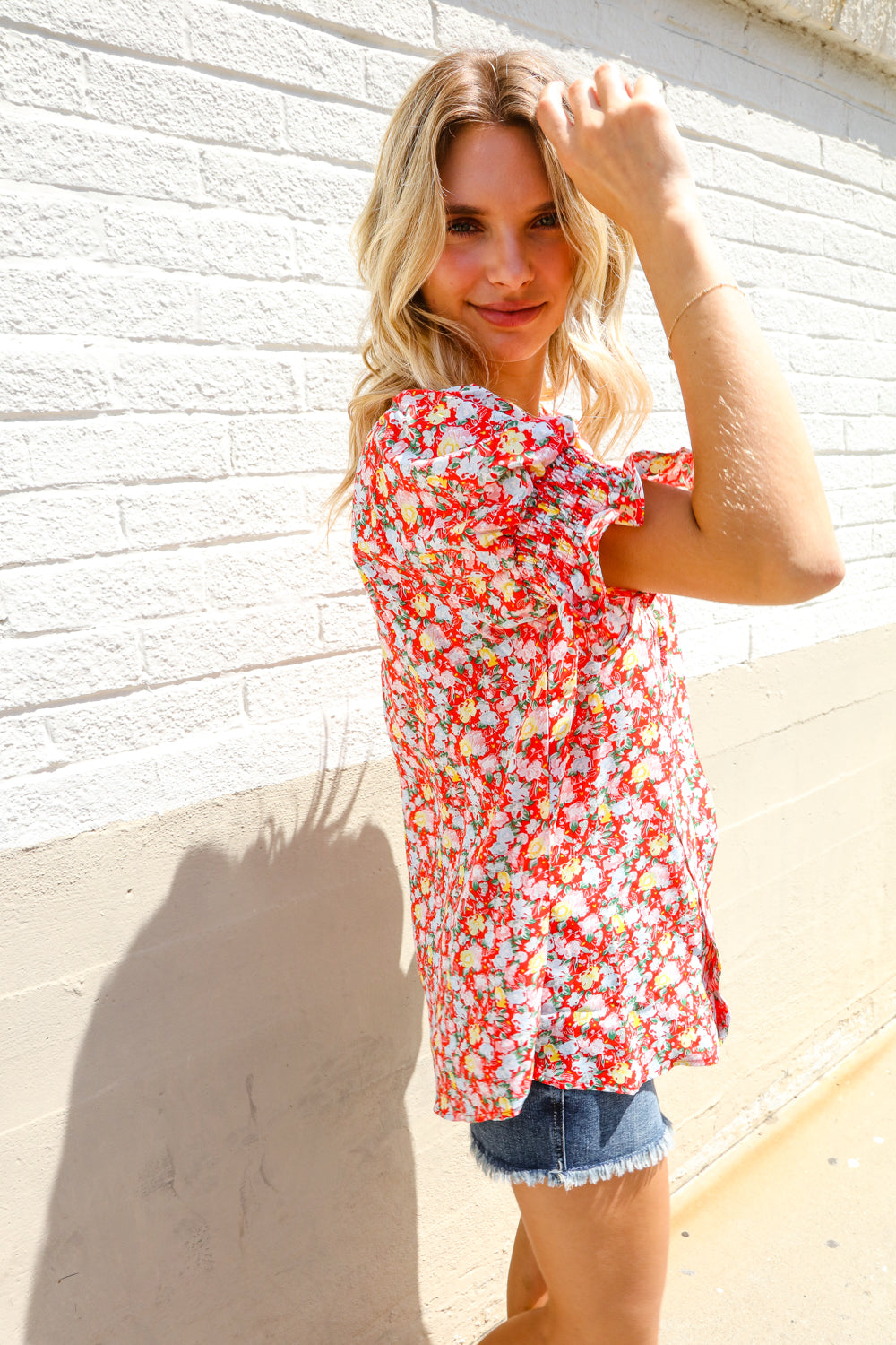 Elegant You Ruby Notched Neck Floral Smocked Sleeve Blouse - Charming Charlie