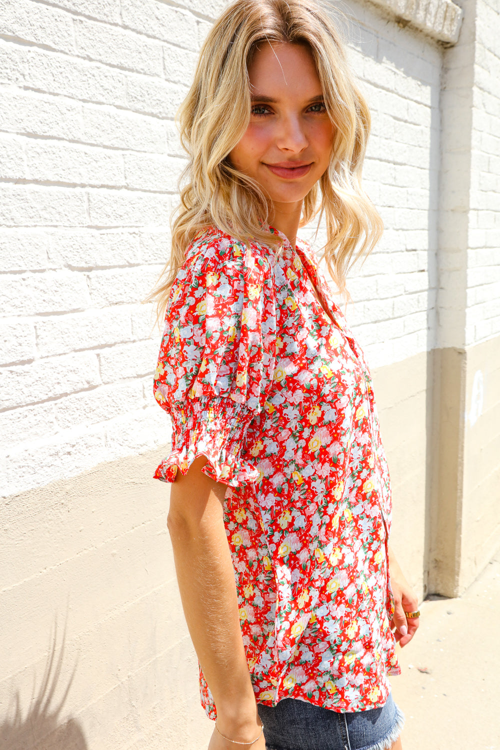Elegant You Ruby Notched Neck Floral Smocked Sleeve Blouse - Charming Charlie