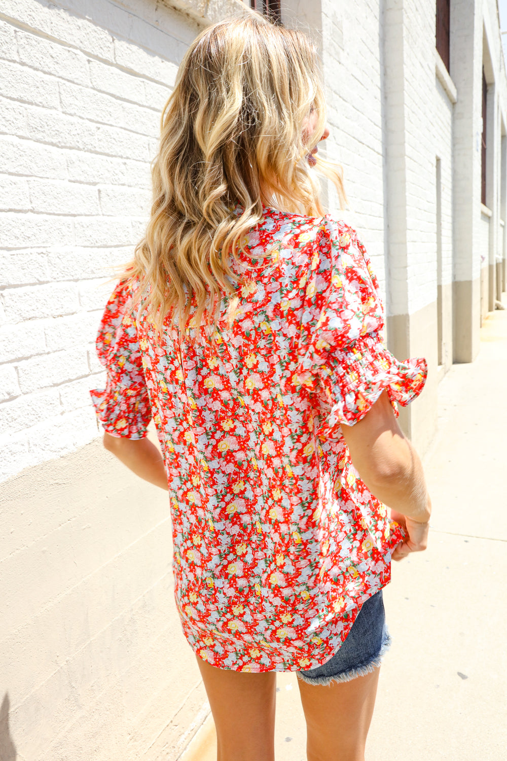 Elegant You Ruby Notched Neck Floral Smocked Sleeve Blouse - Charming Charlie