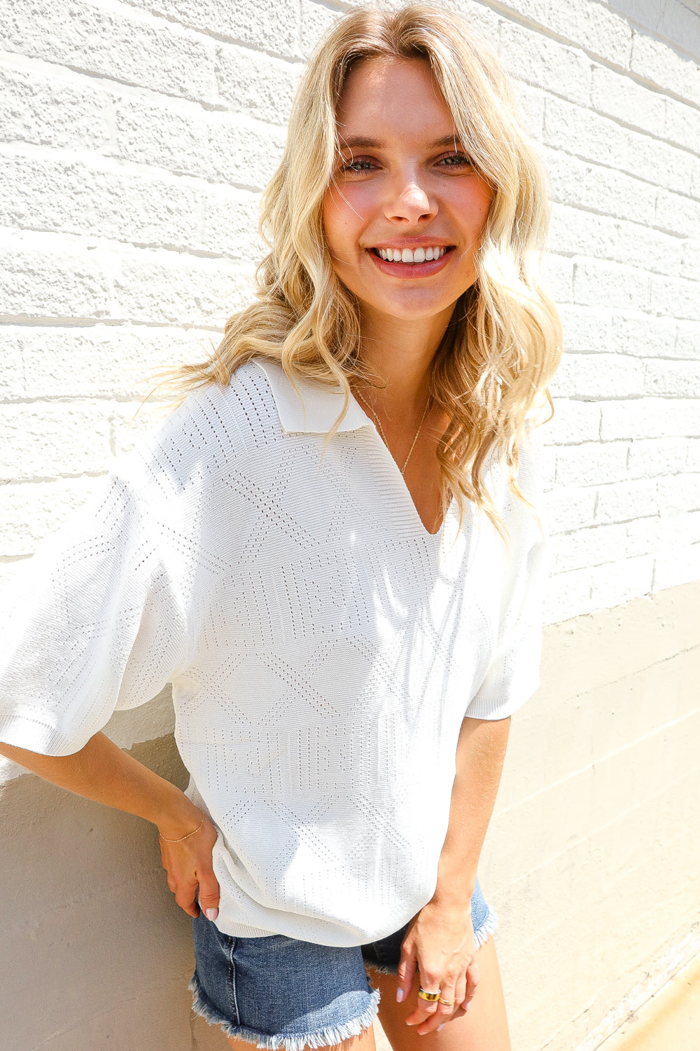 Lock Eyes White Pointelle Collar V Neck Short Sleeve Top - Charming Charlie