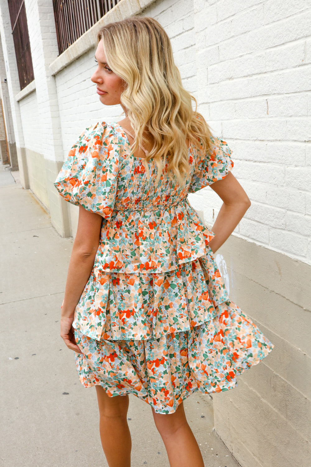 Find Love Floral Print Smocked Neck Puff Sleeve Ruffle Tiered Dress - Charming Charlie