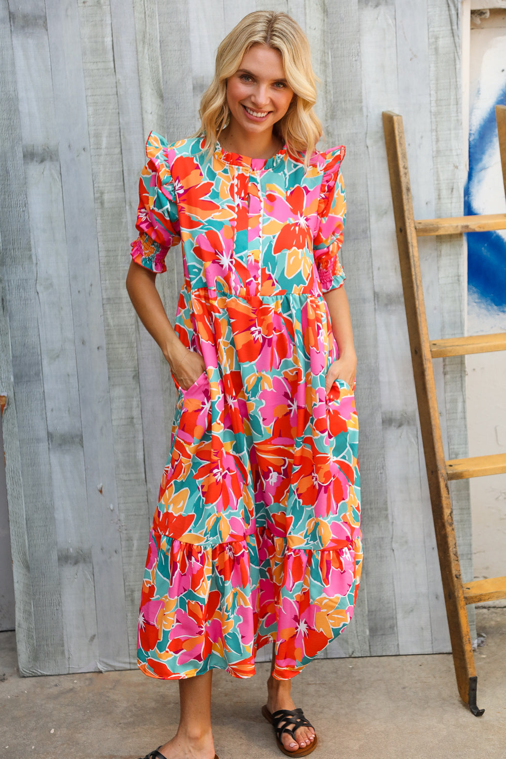 Dazzle In Orange & Aqua Floral Smocked Notched Neck Midi Dress - Charming Charlie