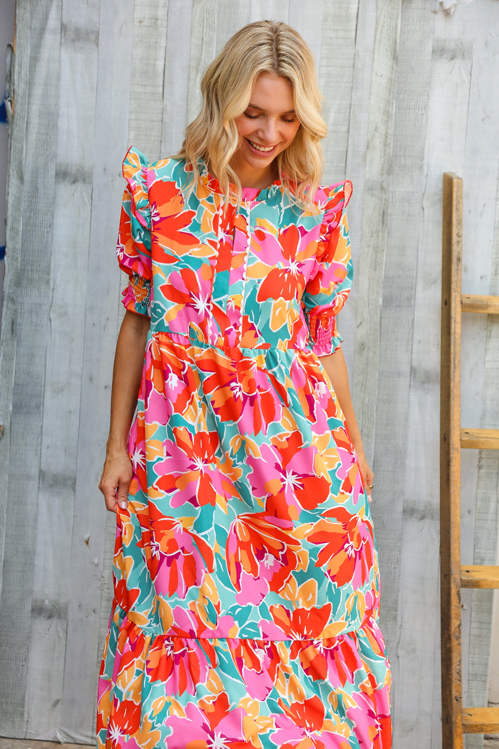 Dazzle In Orange & Aqua Floral Smocked Notched Neck Midi Dress - Charming Charlie