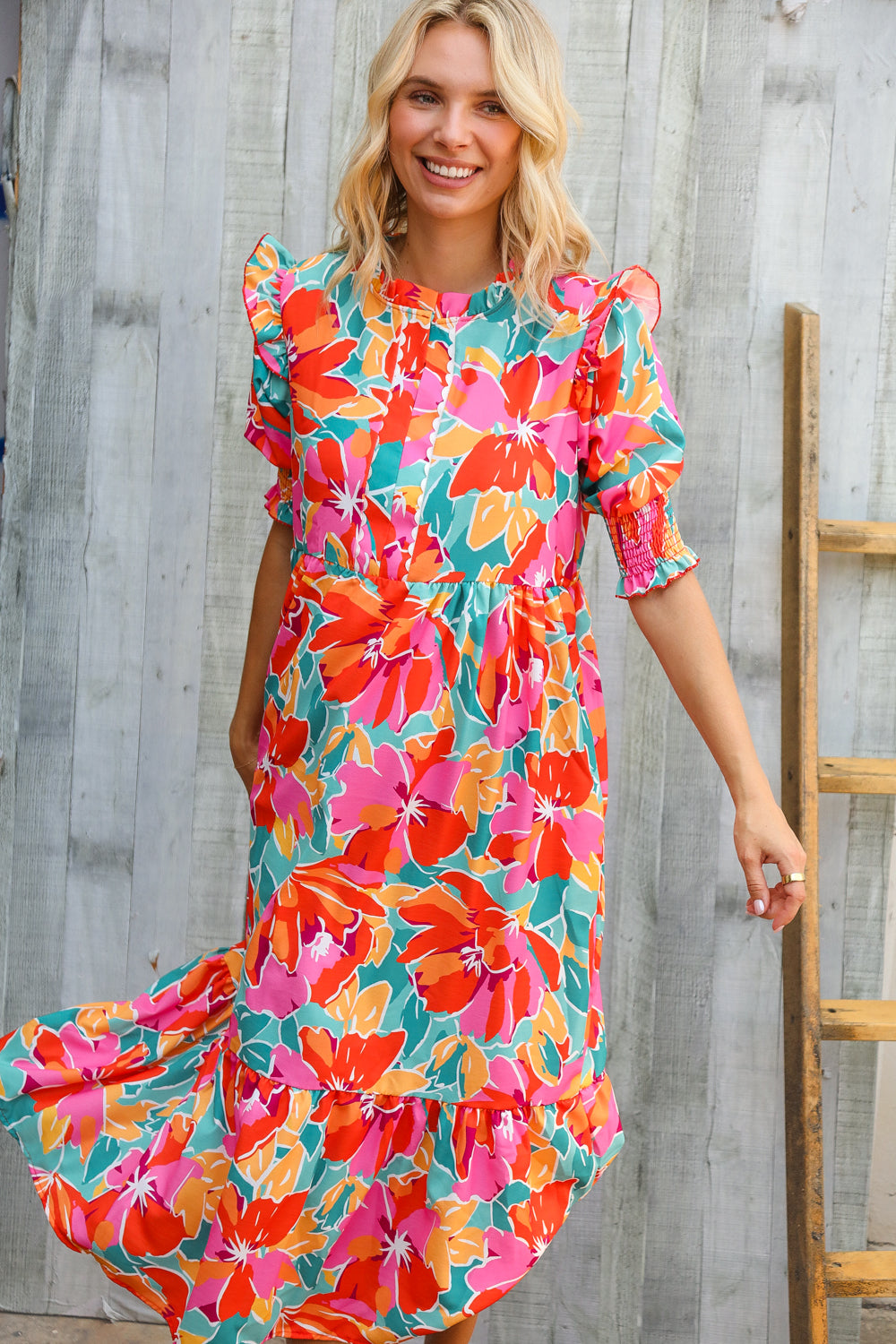 Dazzle In Orange & Aqua Floral Smocked Notched Neck Midi Dress - Charming Charlie