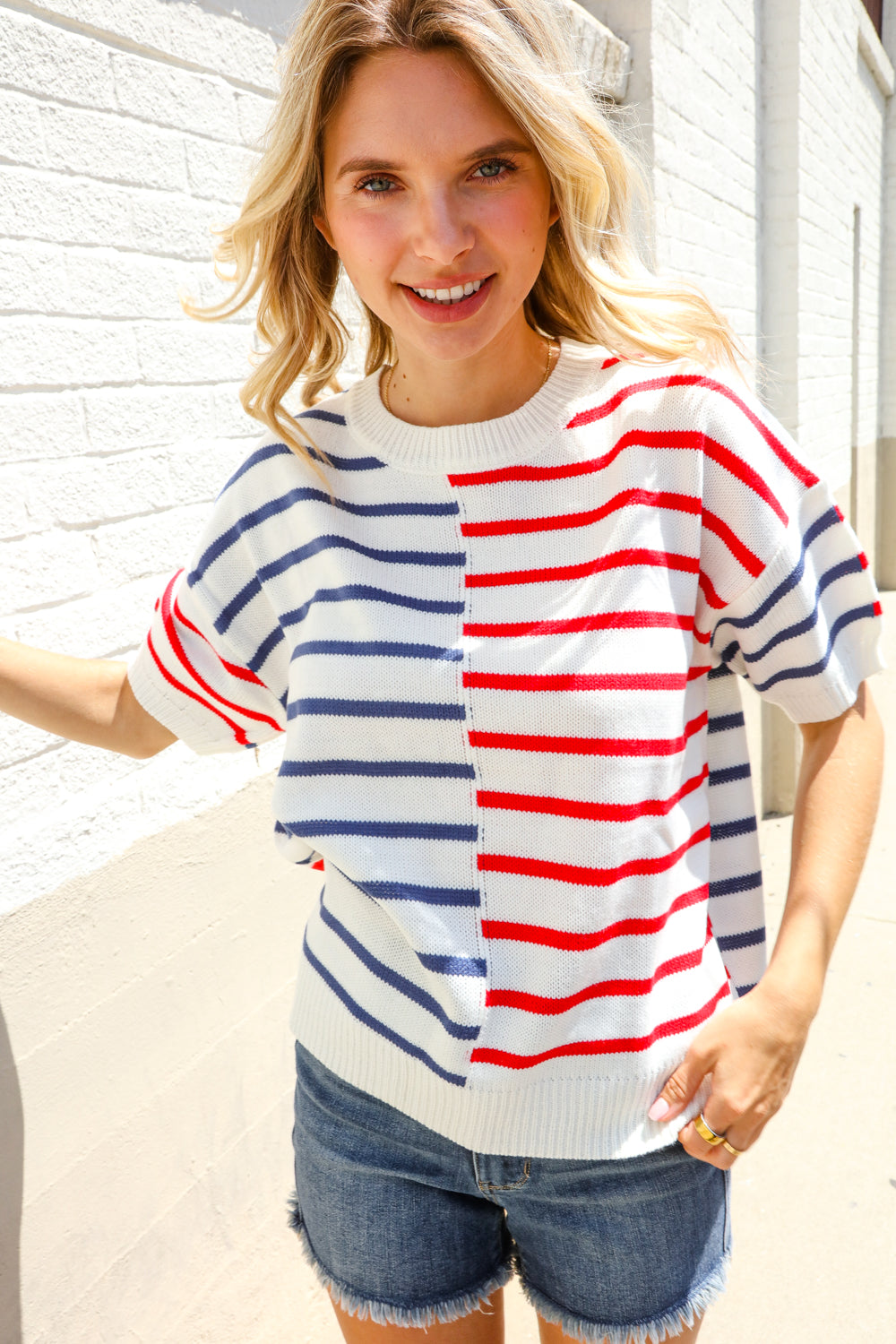 Patriotic Red & Blue Stripe Drop Shoulder Oversize Sweater Top - Charming Charlie