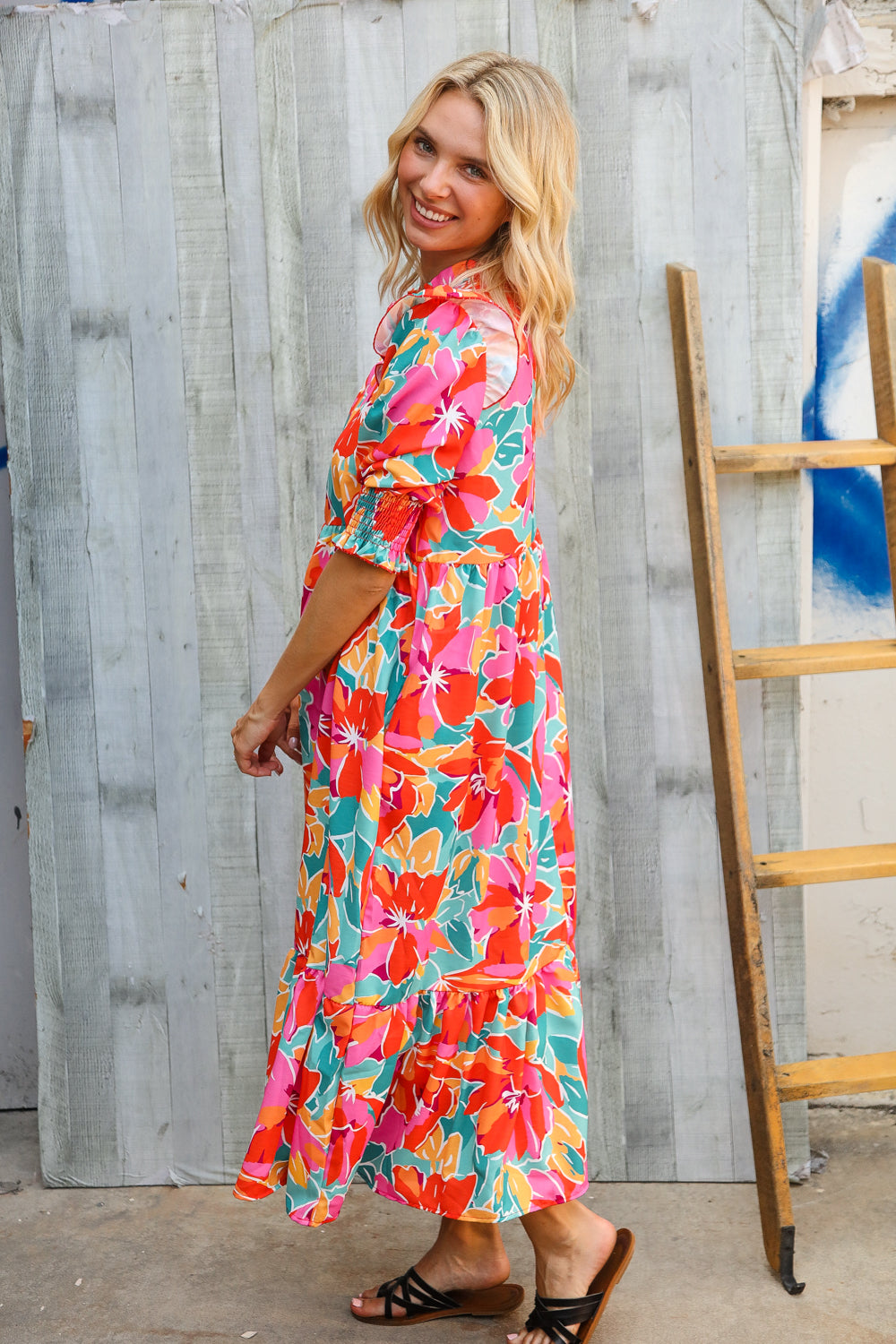 Dazzle In Orange & Aqua Floral Smocked Notched Neck Midi Dress - Charming Charlie