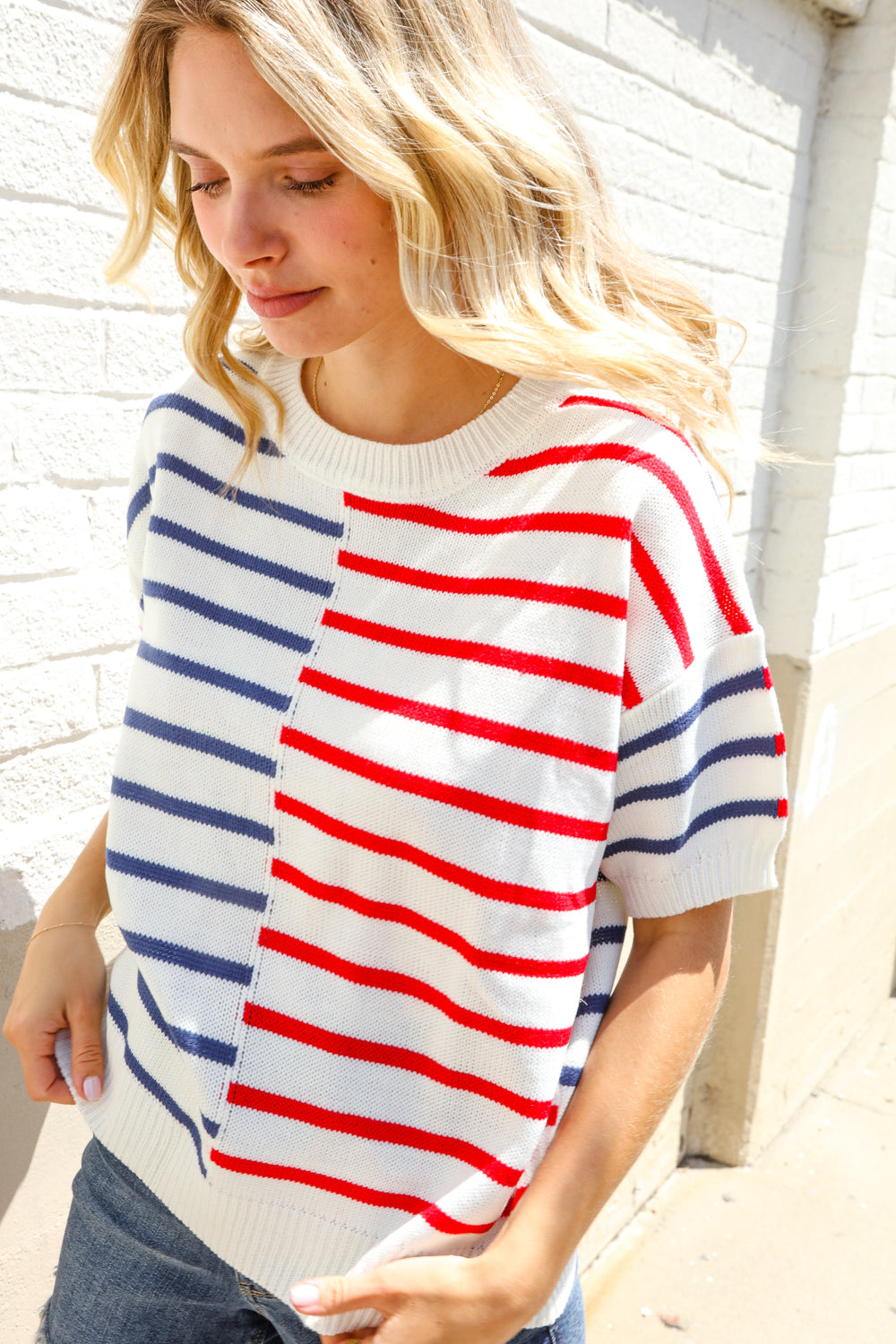 Patriotic Red & Blue Stripe Drop Shoulder Oversize Sweater Top - Charming Charlie