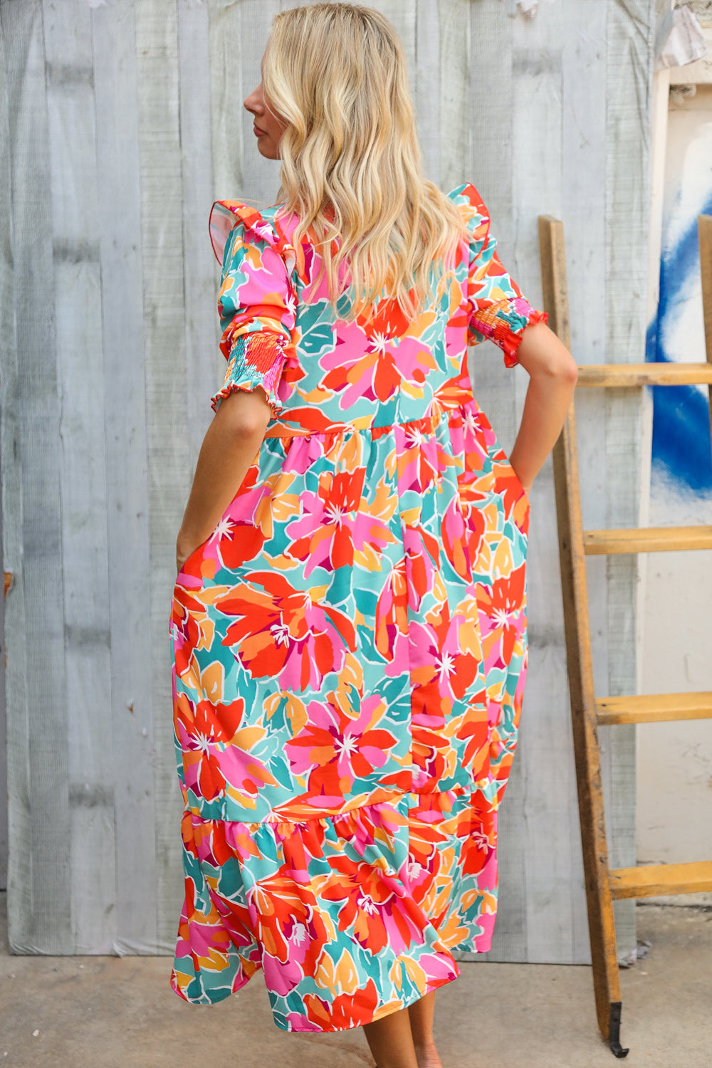 Dazzle In Orange & Aqua Floral Smocked Notched Neck Midi Dress - Charming Charlie