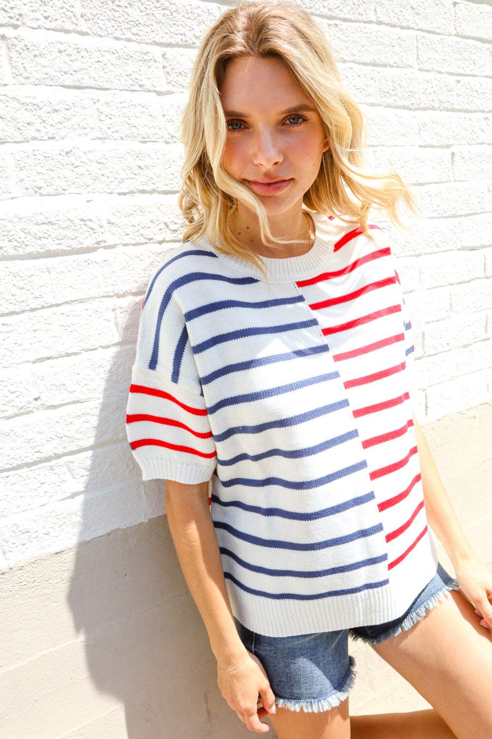 Patriotic Red & Blue Stripe Drop Shoulder Oversize Sweater Top - Charming Charlie
