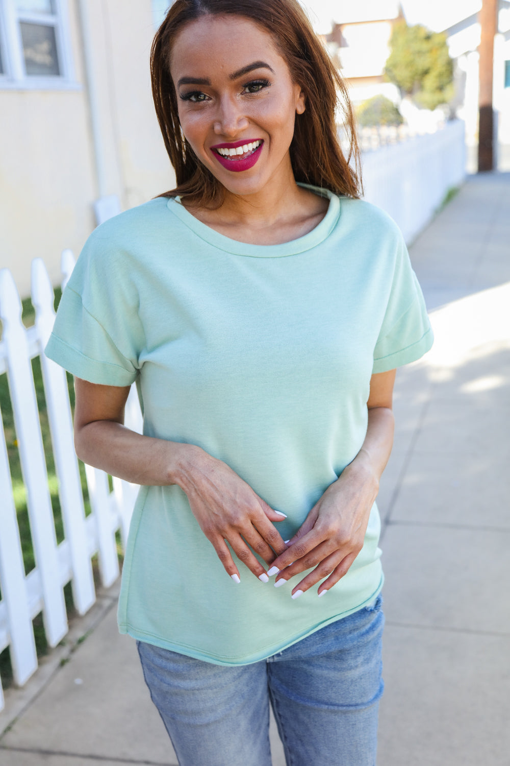 Casual Living Sage Terry Capped Short Sleeve Patch Back Tee - Charming Charlie