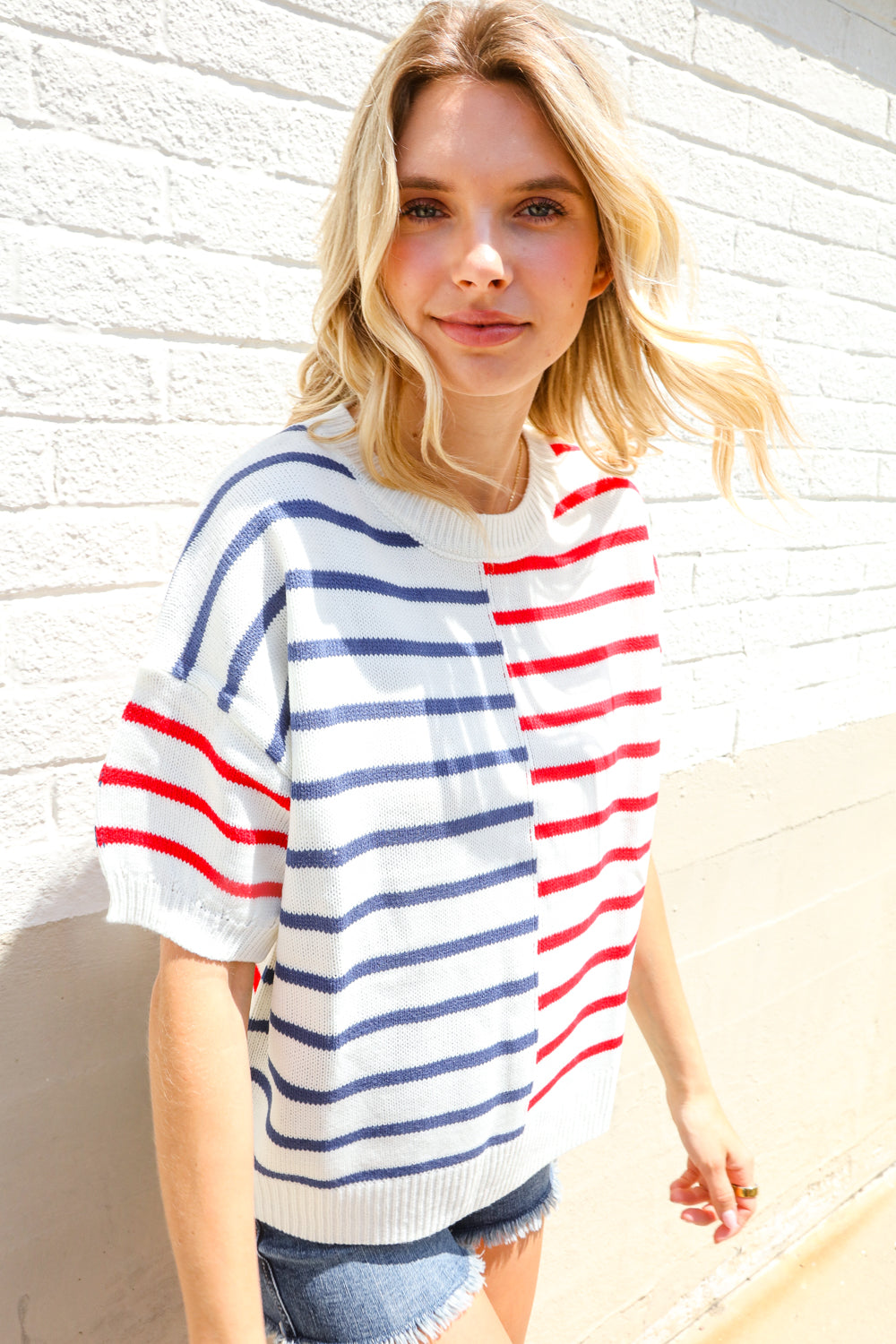 Patriotic Red & Blue Stripe Drop Shoulder Oversize Sweater Top - Charming Charlie