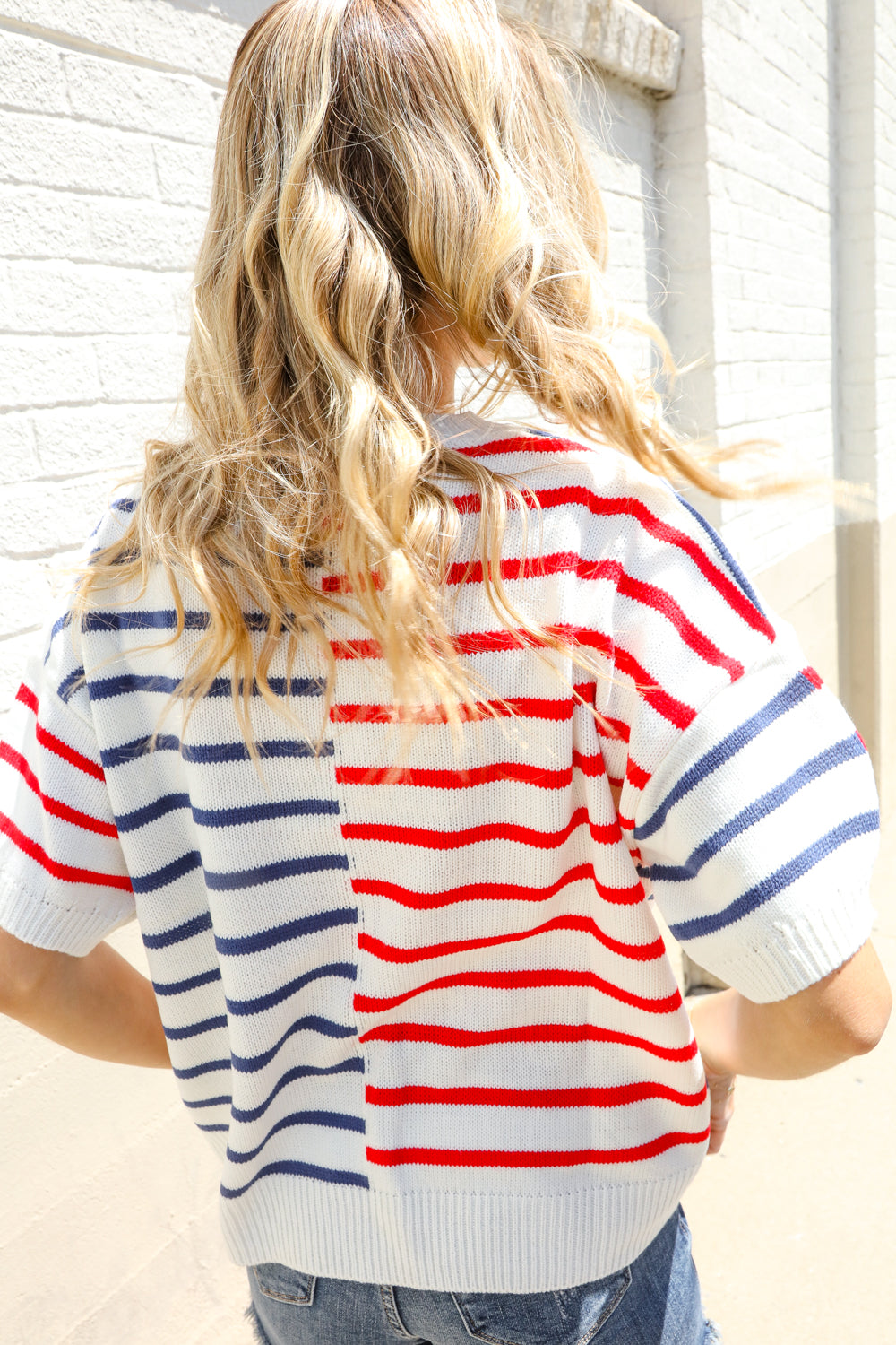 Patriotic Red & Blue Stripe Drop Shoulder Oversize Sweater Top - Charming Charlie