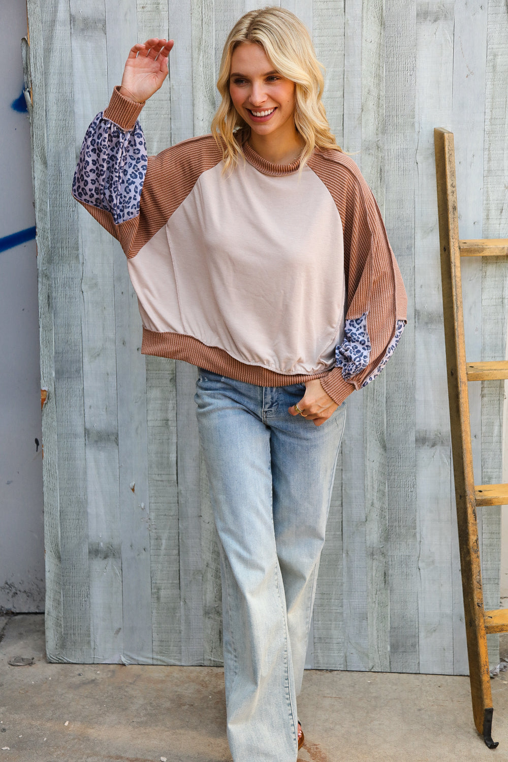 Lock Eyes Taupe & Animal Print Dolman Colorblock Terry Top - Charming Charlie