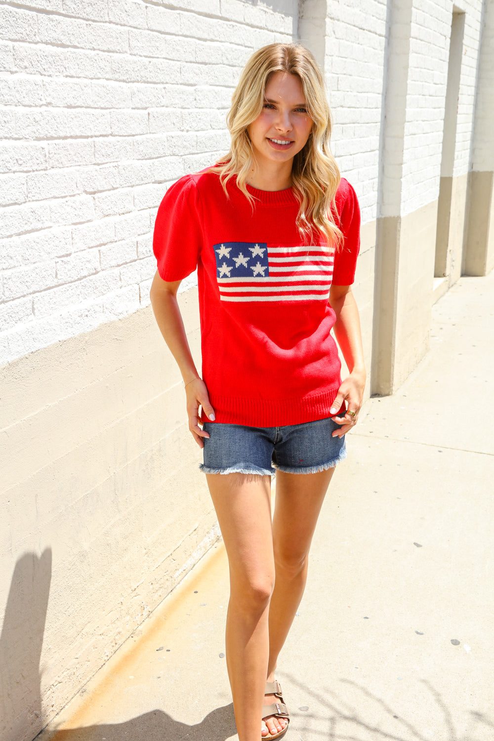 American Flag Bubble Short Sleeve Jacquard Sweater Knit Pullover - Charming Charlie