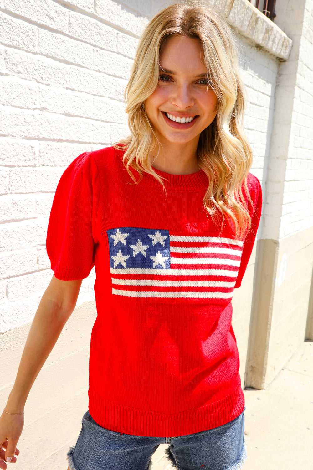 American Flag Bubble Short Sleeve Jacquard Sweater Knit Pullover - Charming Charlie