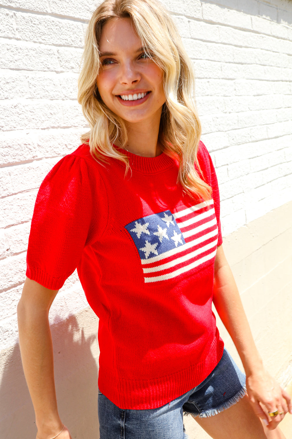 American Flag Bubble Short Sleeve Jacquard Sweater Knit Pullover - Charming Charlie