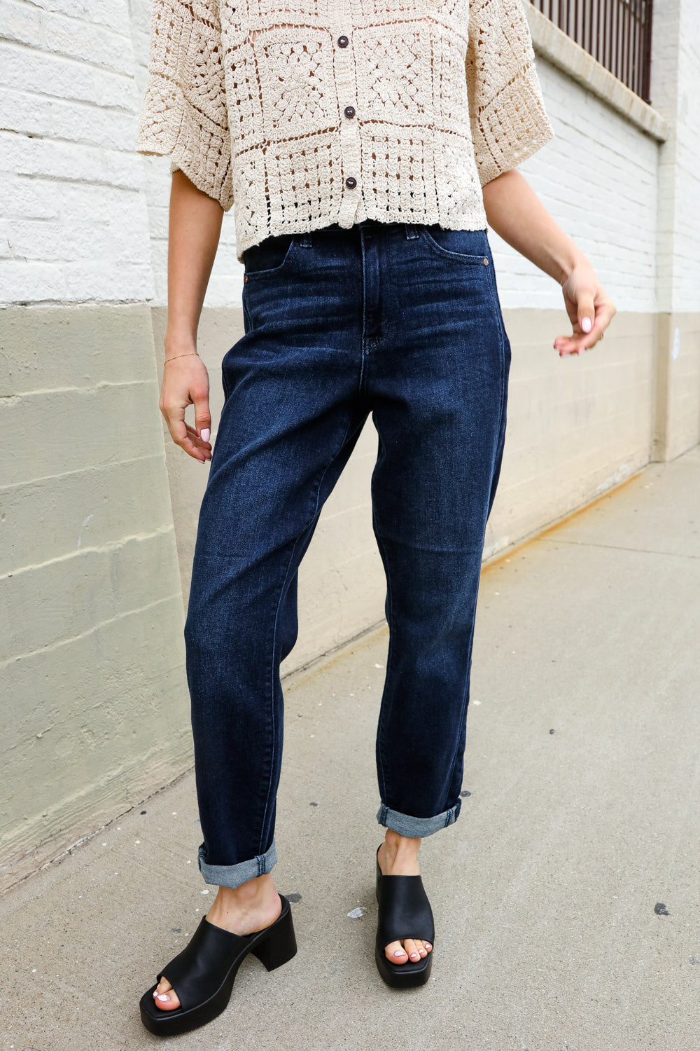 Judy Blue High-Rise Boyfriend Dark Blue Wash Jeans - Charming Charlie