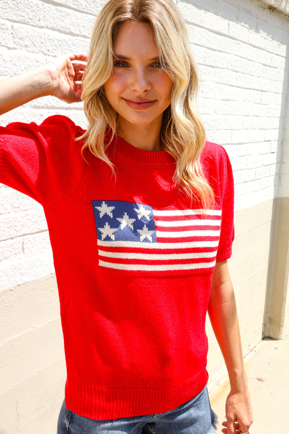 American Flag Bubble Short Sleeve Jacquard Sweater Knit Pullover - Charming Charlie