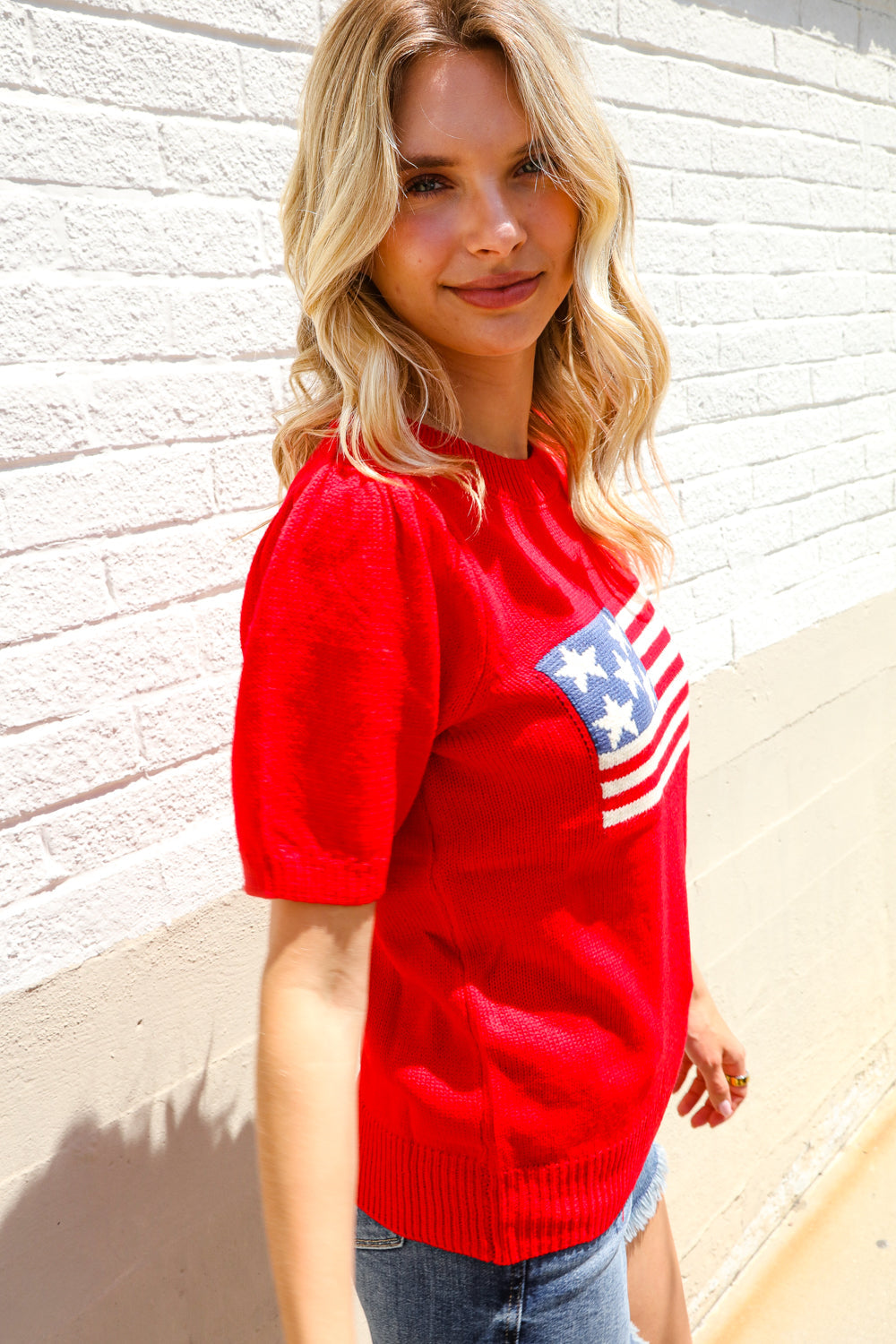 American Flag Bubble Short Sleeve Jacquard Sweater Knit Pullover - Charming Charlie