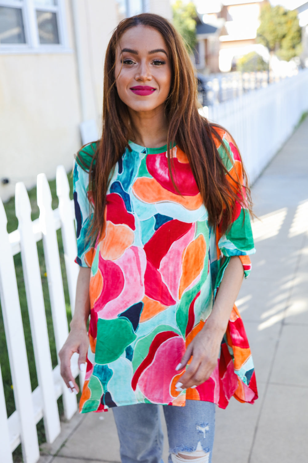 Sieze The Day 3/4 Tie Sleeve Shark Bite Hem Abstract Print Tunic - Charming Charlie