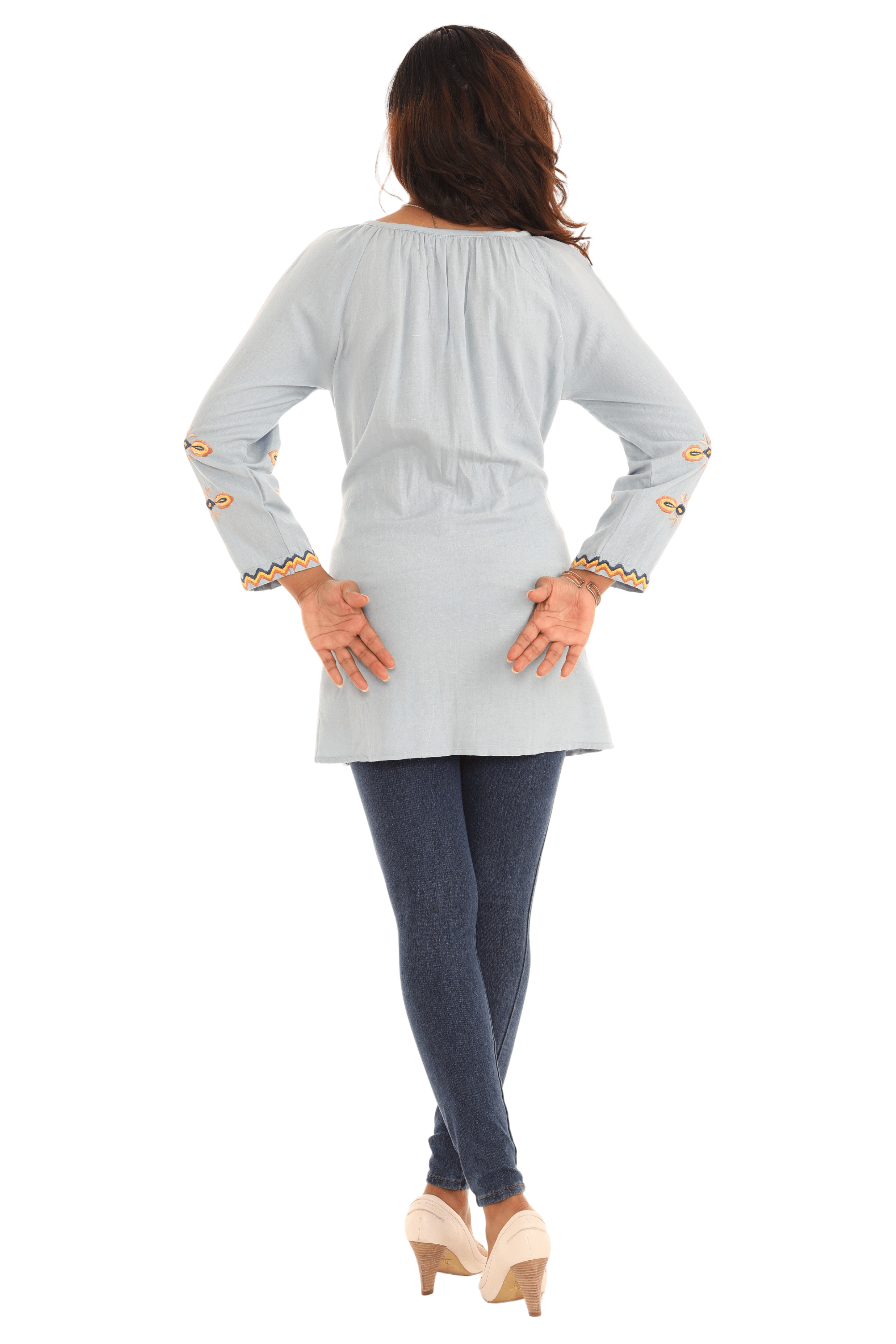 Embroidered flowers three-quarter sleeve top - Shoreline Wear, Inc.