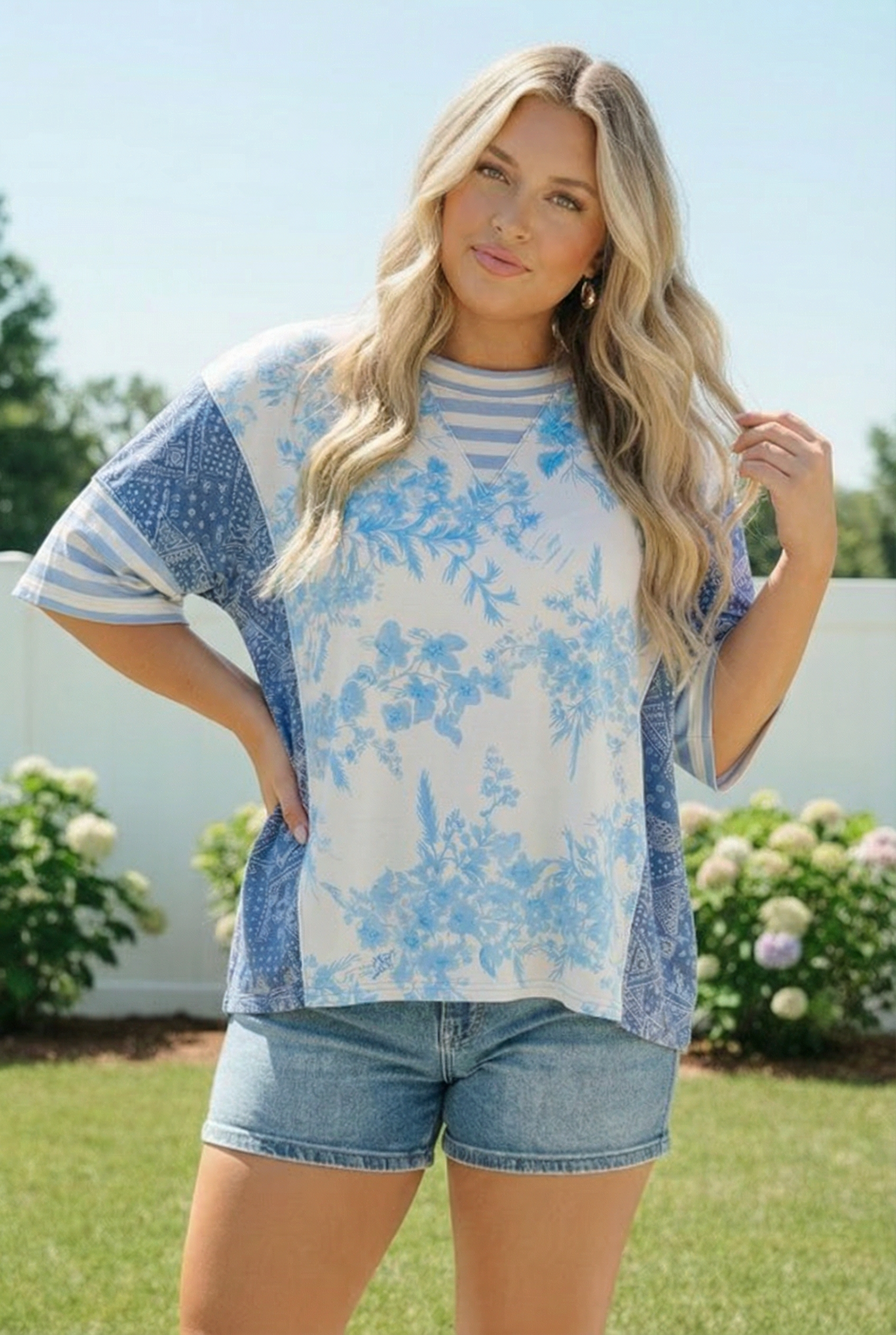 Blue Toile Mixed Print Oversized Tee - Charming Charlie
