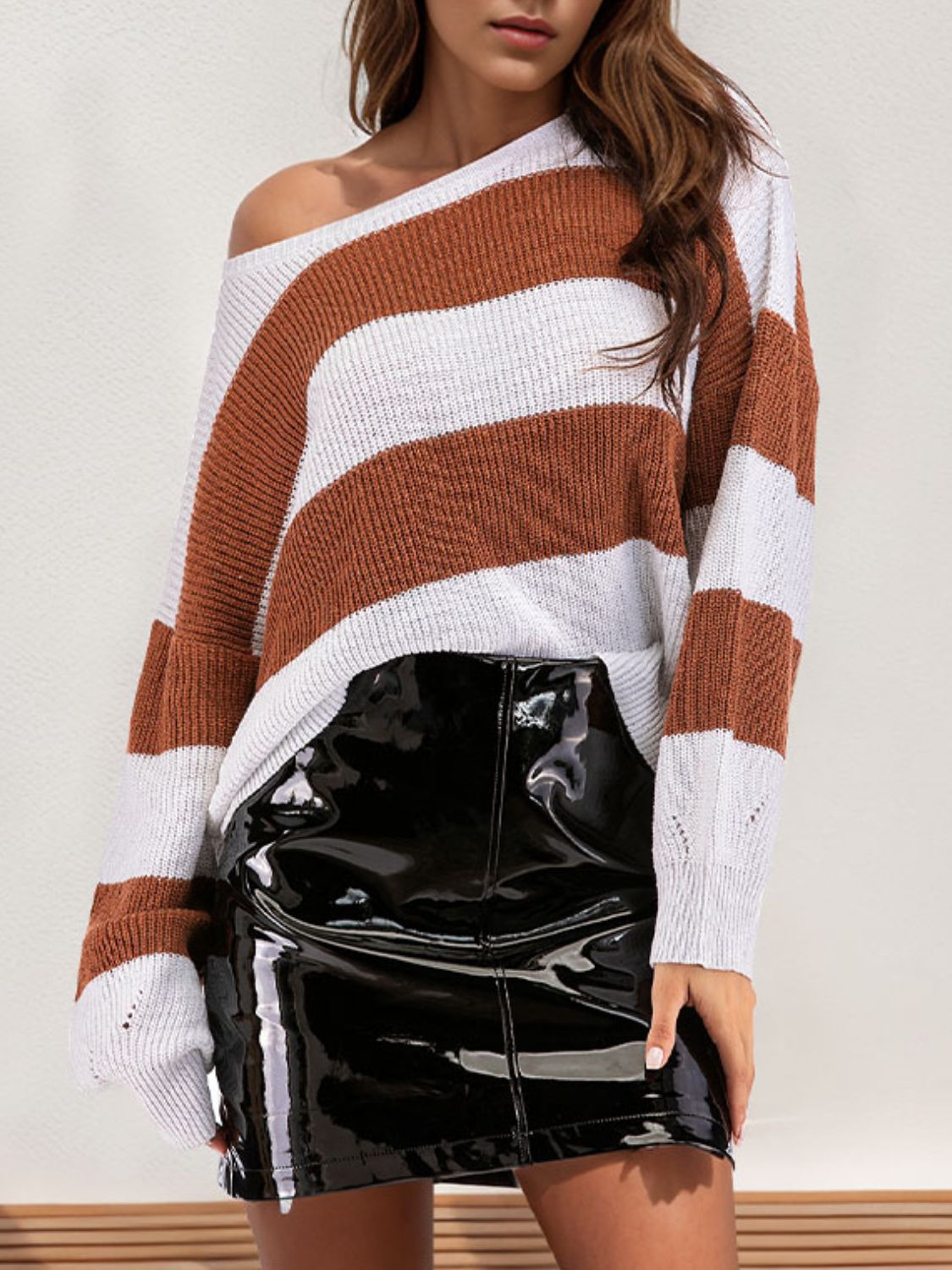 Perfee Color Block Dropped Shoulder Long Sleeve Sweater - Charming Charlie