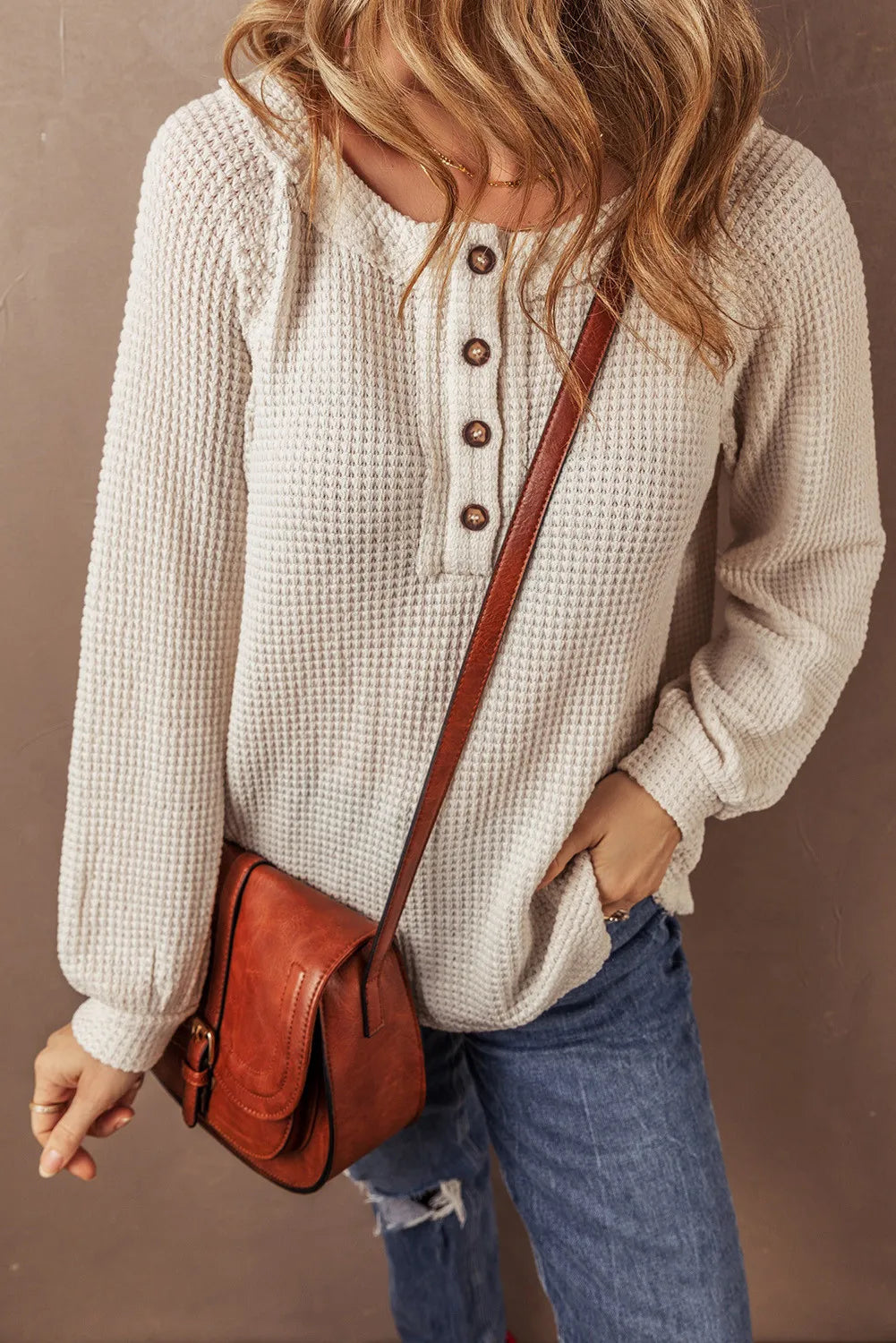 Waffle-Knit Half Button Round Neck Long Sleeve Top - Charming Charlie