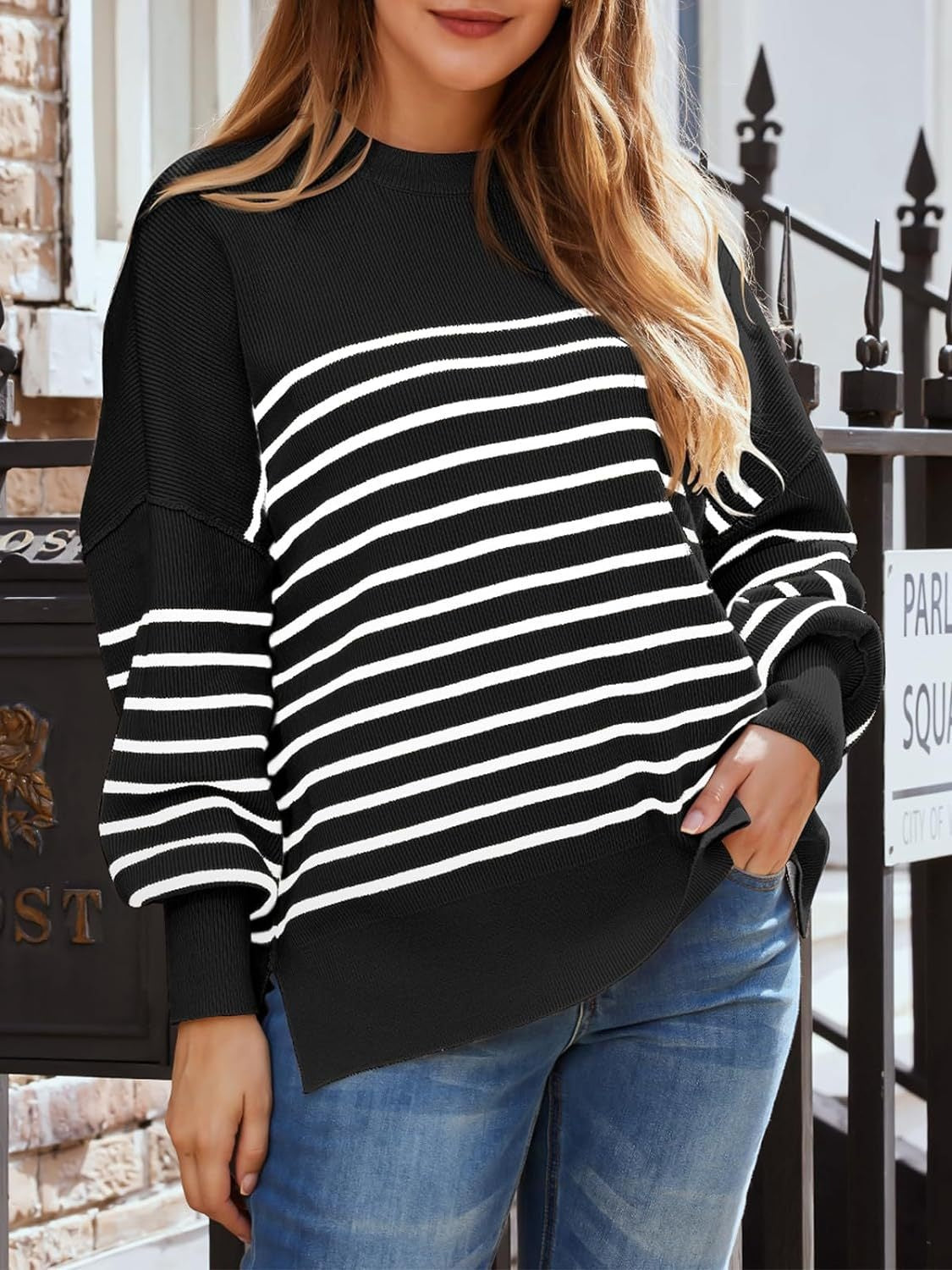 Striped Round Neck Long Sleeve Sweatshirt - Charming Charlie