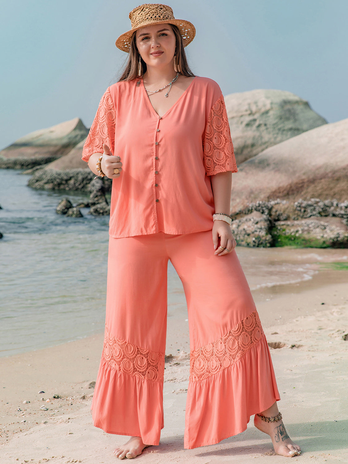 Plus Size Button Up Half Sleeve Top and Pants Set - Charming Charlie