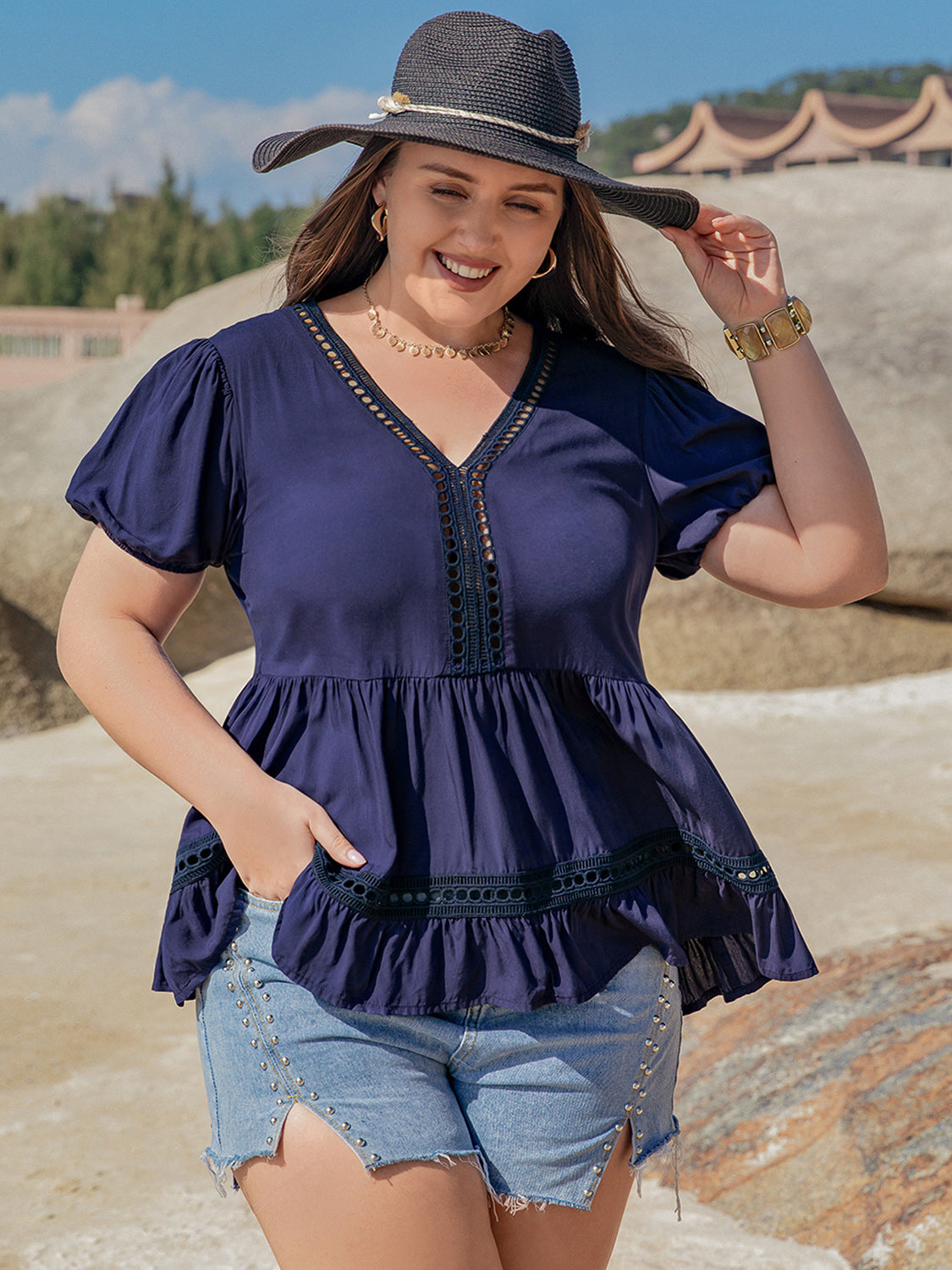 Plus Size Peplum V-Neck Short Sleeve Blouse - Charming Charlie