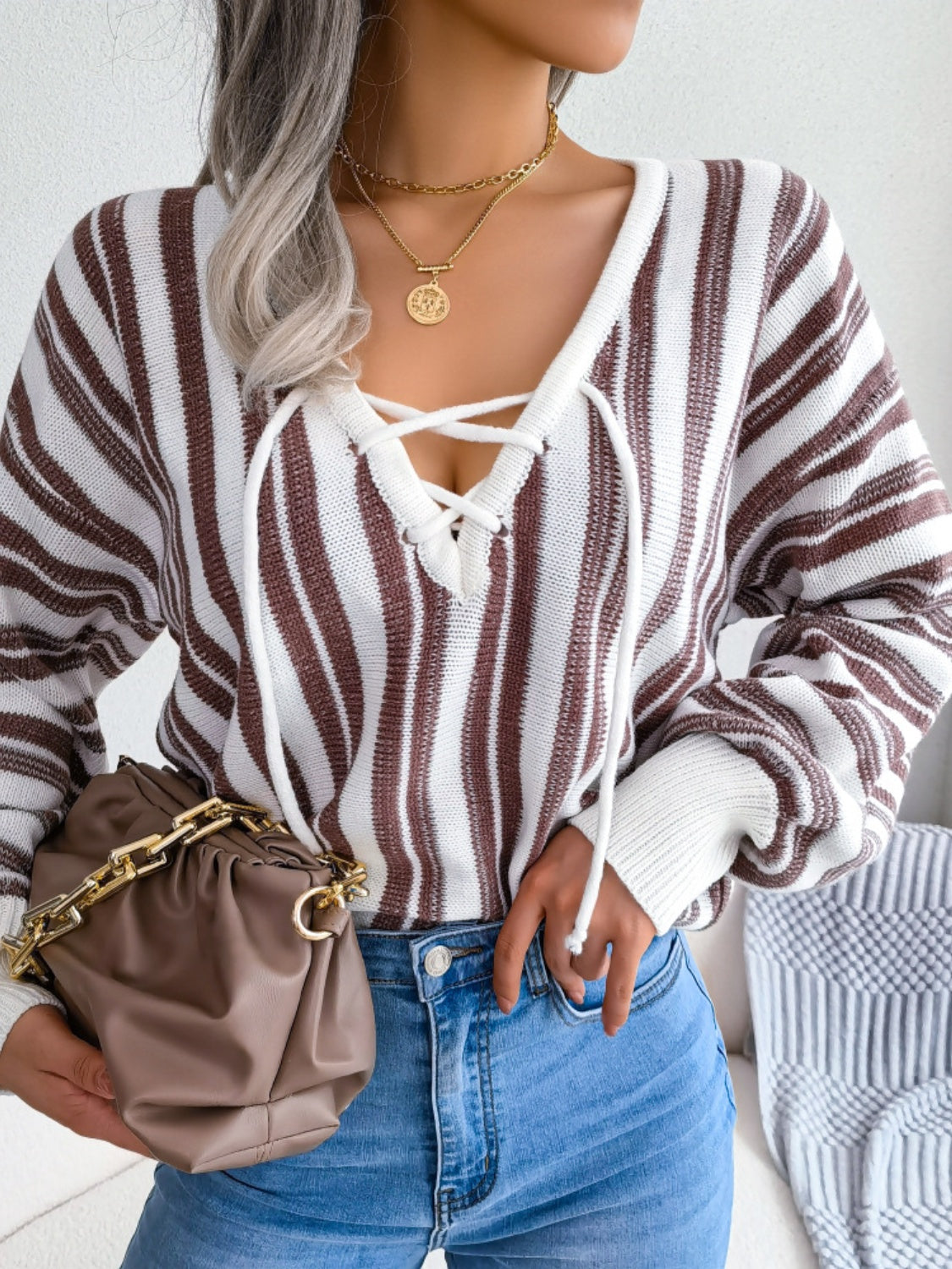 Striped Lace-Up Long Sleeve Sweater - Charming Charlie