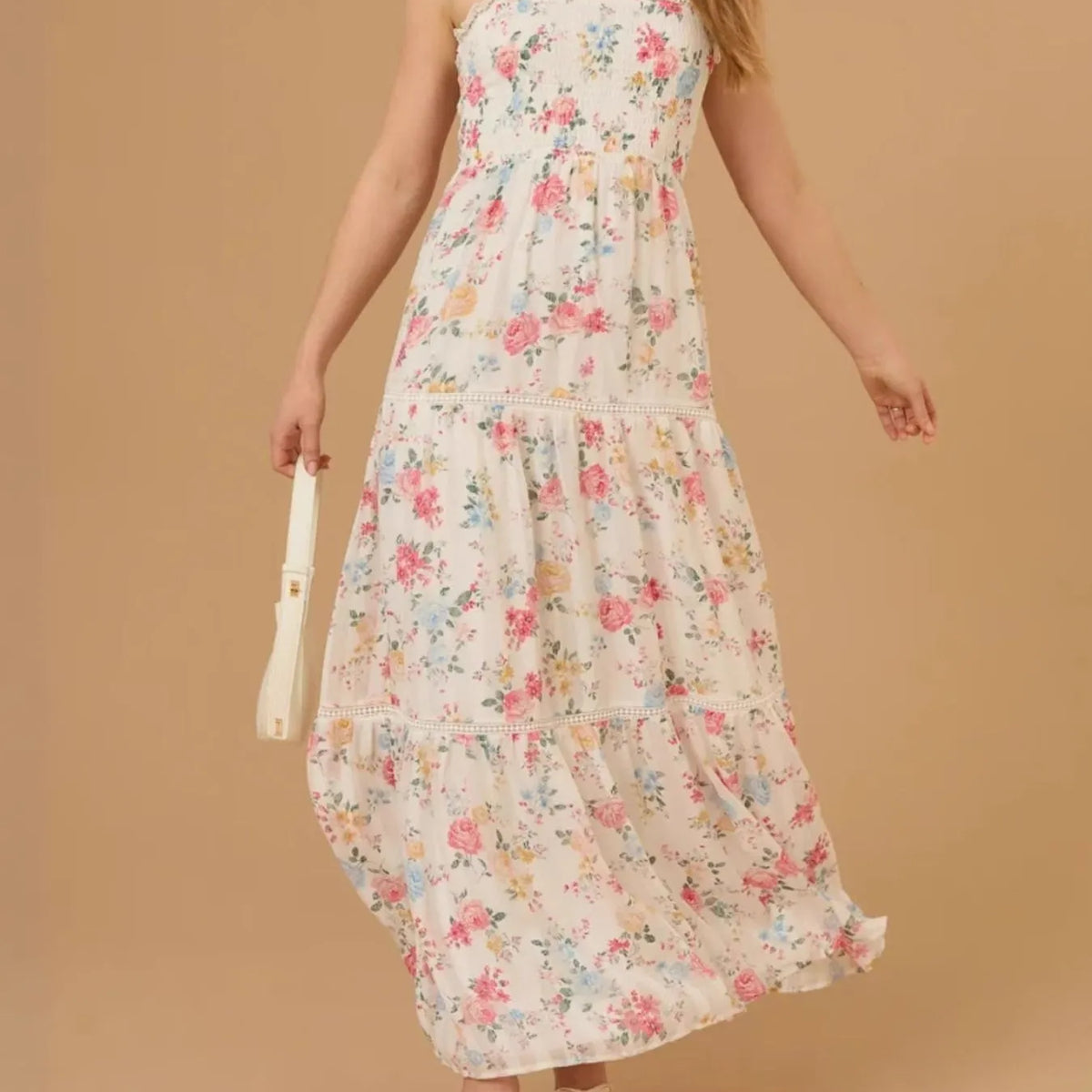Floral Smocked Tiered Maxi Dress with Tie Straps  Charming Charlie