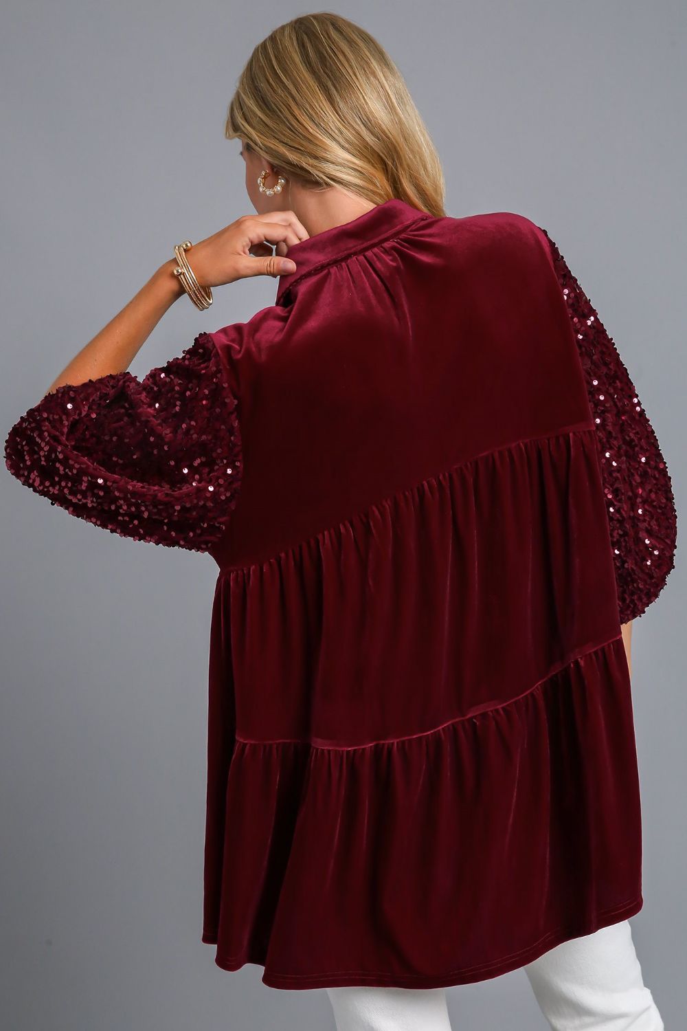 Umgee Sequin Detail Tiered Back Half Sleeve Shirt - Charming Charlie