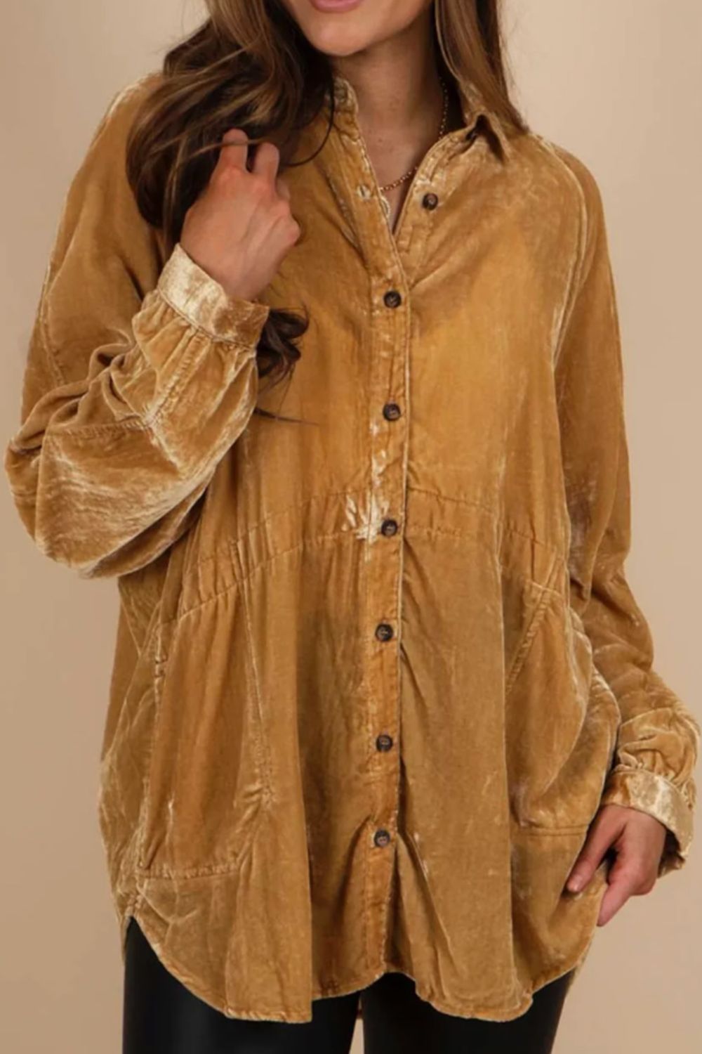 Button Down Loose Fit Velvet Shirt - Charming Charlie