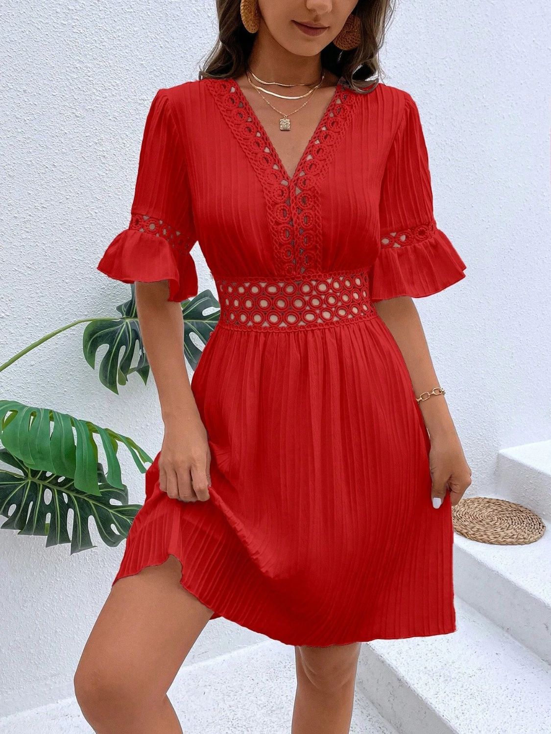 Cutout V-Neck Flounce Sleeve Mini Dress - Charming Charlie
