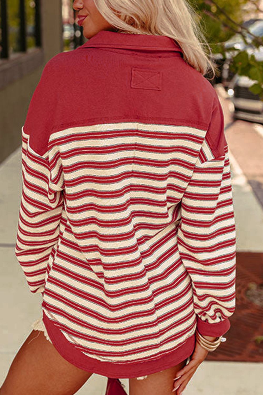 Stripe Johnny Collar Drop Shoulder Sweatshirt - Charming Charlie