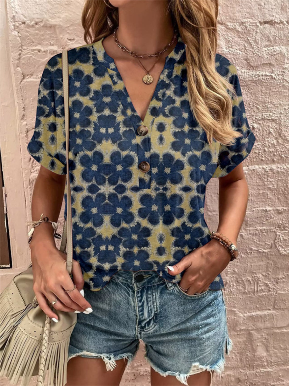 Full Size Printed Notched Short Sleeve Blouse - Charming Charlie
