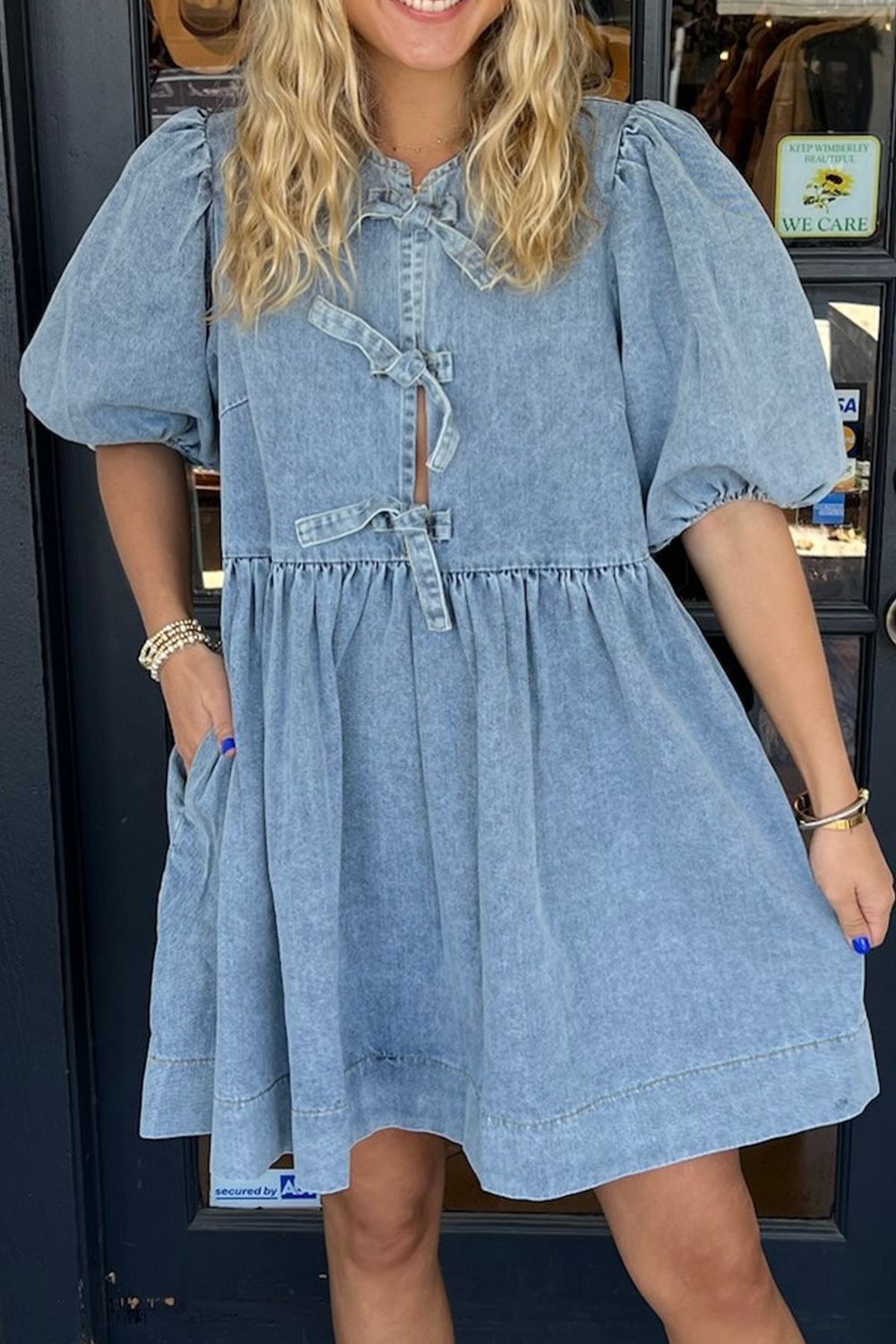 Bowknot Round Neck Half Sleeve Denim Dress - Charming Charlie