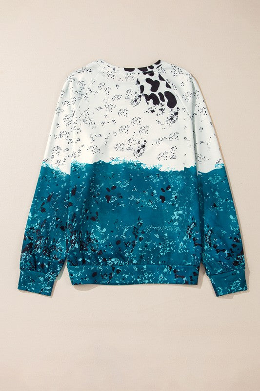 Blue Tie Dye Cow Color Block Pullover Sweatshirt - Charming Charlie