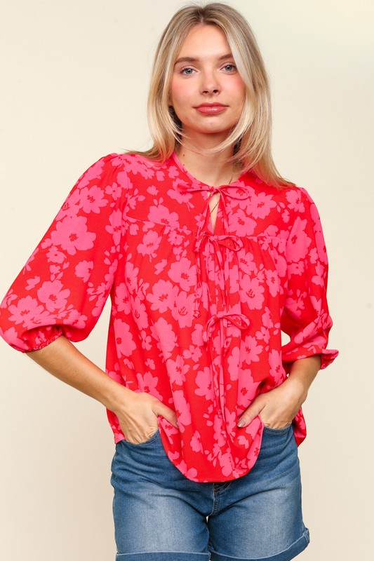 Haptics Full Size Ribbon Bow Floral Balloon Sleeve Blouse - Charming Charlie