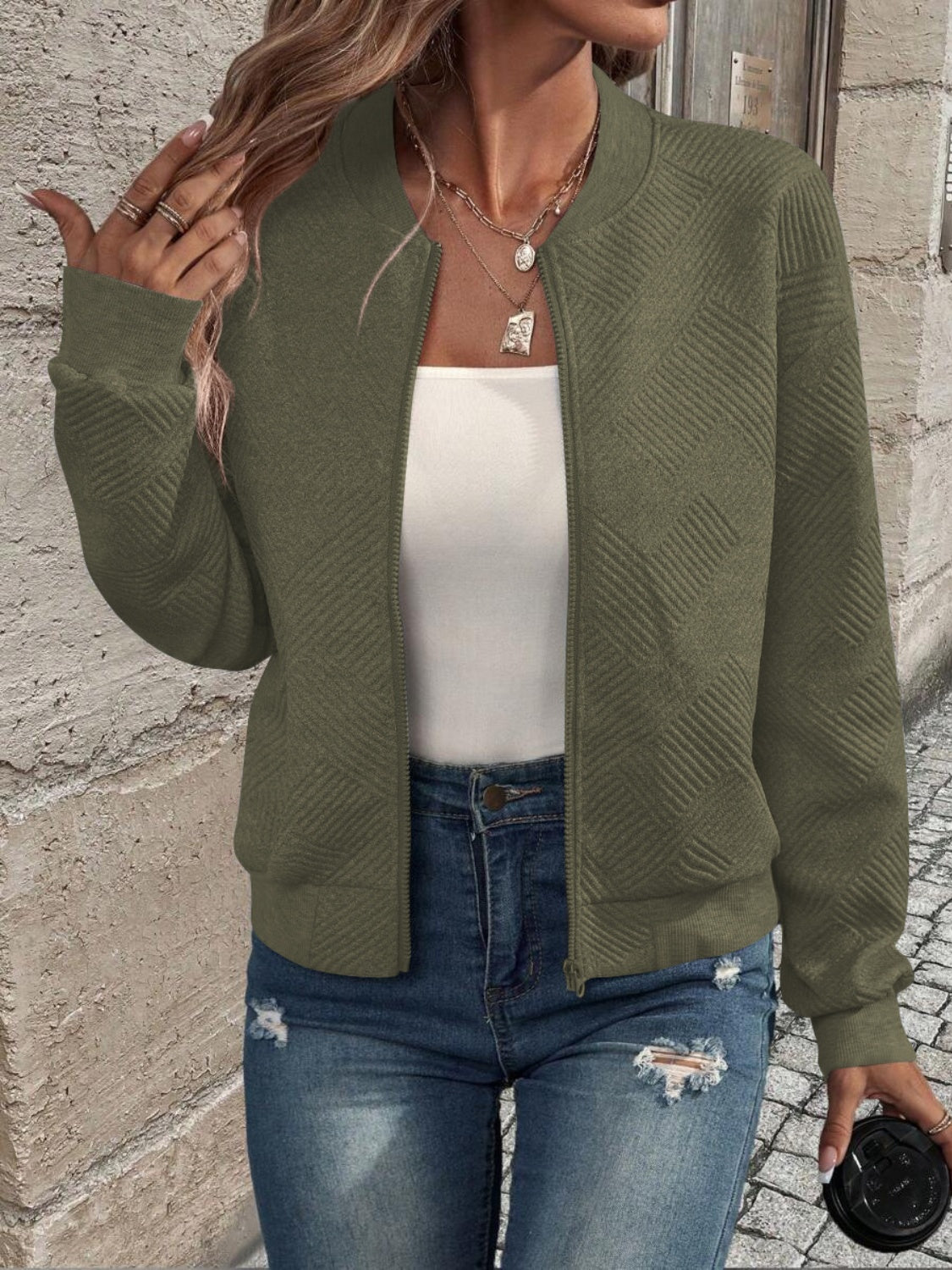 Textured Zip Up Long Sleeve Jacket - Charming Charlie
