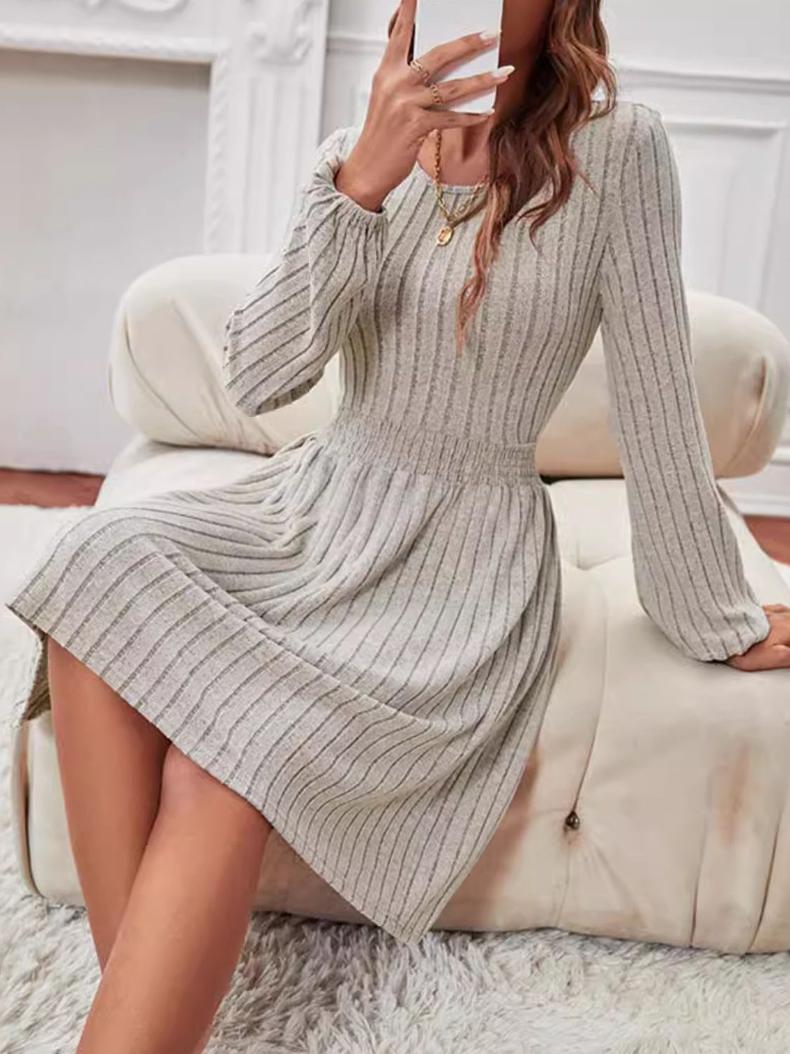 Smocked Round Neck Long Sleeve Knee Length Dress - Charming Charlie